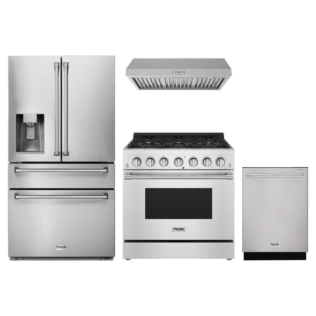Thor Kitchen 4-Piece Appliance Package - 36-Inch Natural Gas Range, Refrigerator with Water Dispenser, Under Cabinet Hood, & Dishwasher in Stainless Steel