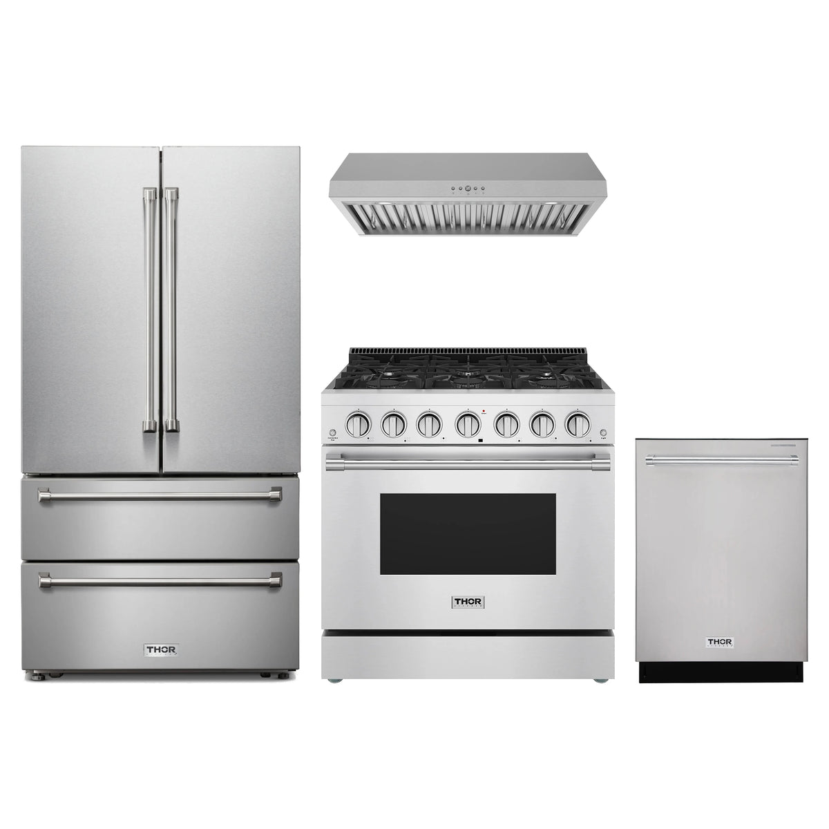 Thor Kitchen 4-Piece Appliance Package - 36-Inch Natural Gas Range, French Door Refrigerator, Under Cabinet Hood, & Dishwasher in Stainless Steel