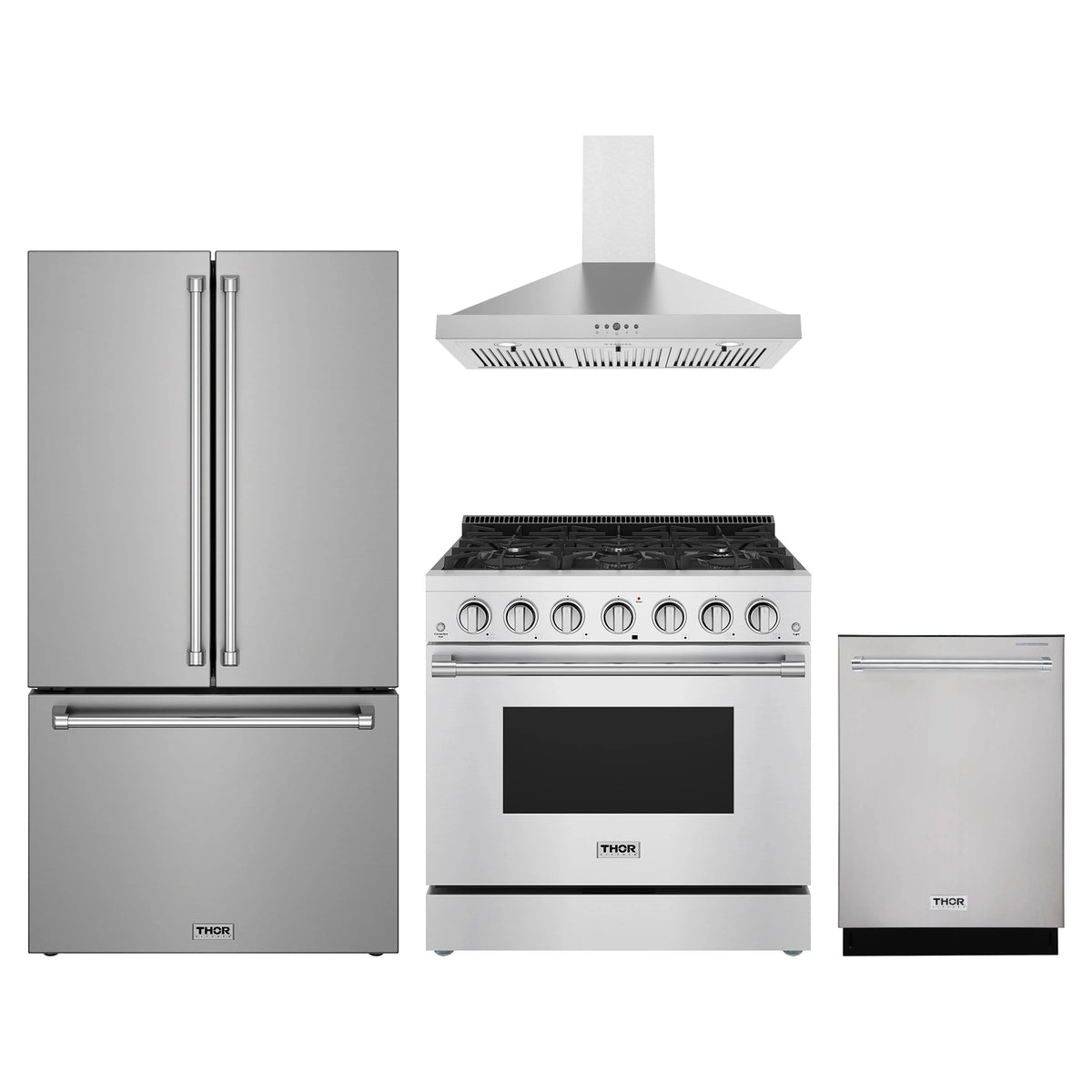 Thor Kitchen 4-Piece Appliance Package - 36-Inch Natural Gas Range, Counter-Depth Refrigerator, Wall Mount Hood, & Dishwasher in Stainless Steel