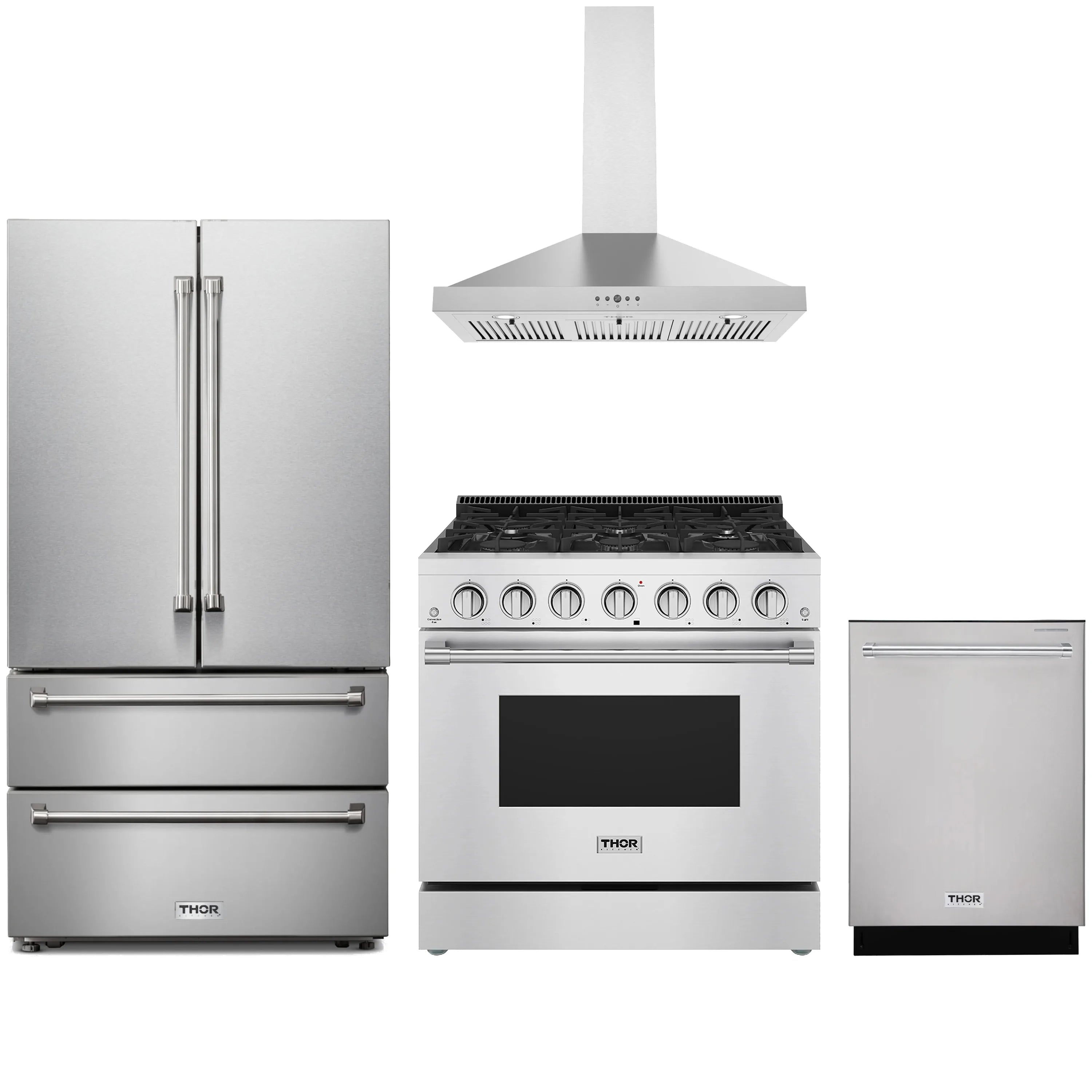 Stainless steel kitchen appliance set: refrigerator, range with hood, dishwasher