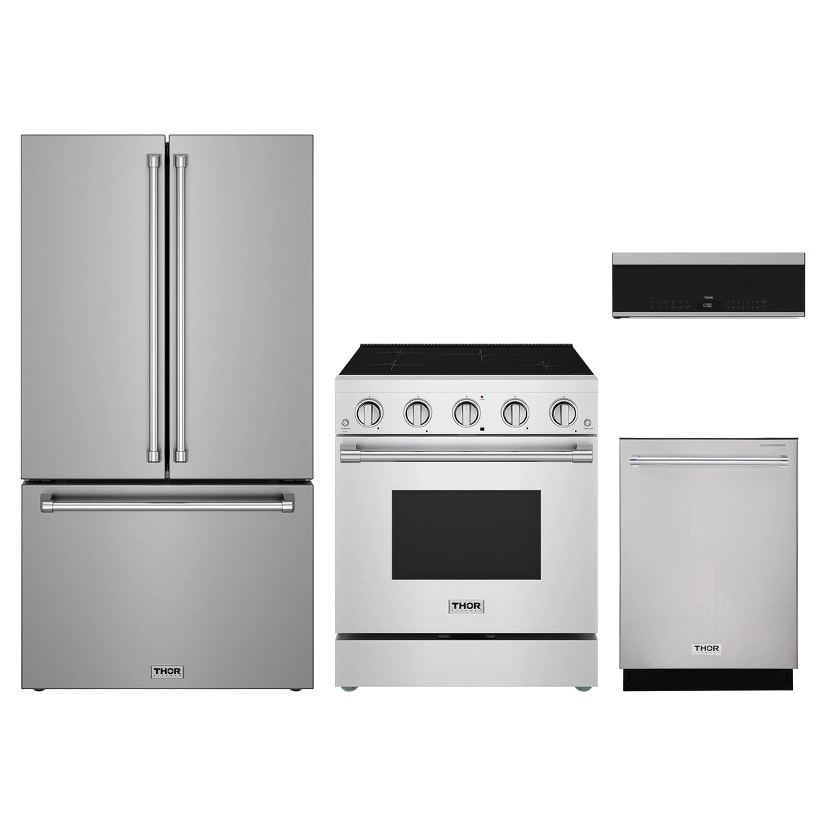 Thor Kitchen 4-Piece Appliance Package - 30-Inch Induction Range, Counter-Depth Refrigerator, Dishwasher, & Over-the-Range Microwave in Stainless Steel
