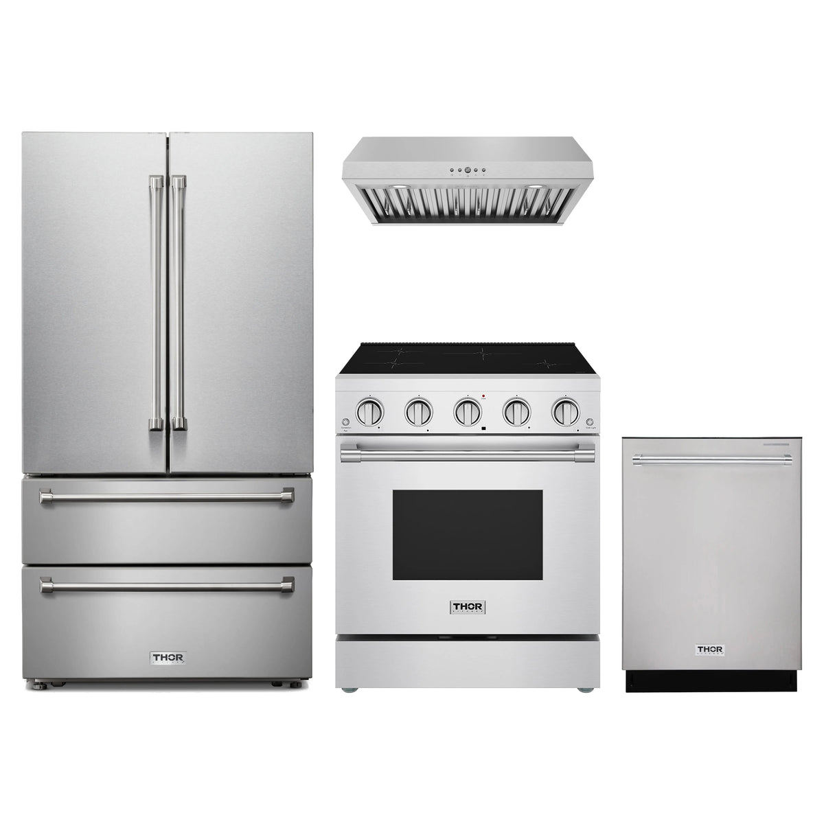 Thor Kitchen 4-Piece Appliance Package - 30-Inch Induction Range, French Door Refrigerator, Under Cabinet Hood, & Dishwasher in Stainless Steel