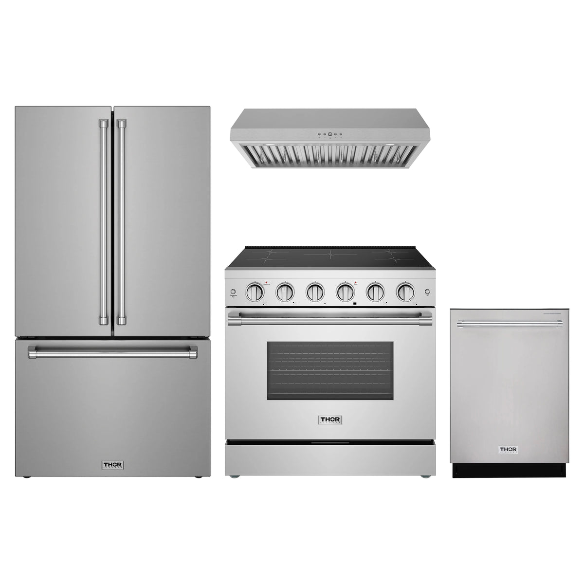 Thor Kitchen 4-Piece Appliance Package - 36-Inch Induction Range, Counter-Depth Refrigerator, Under Cabinet Hood, & Dishwasher in Stainless Steel