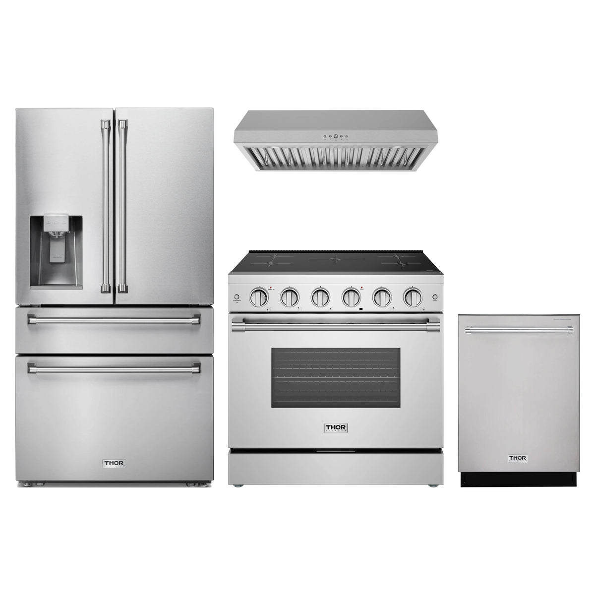 Thor Kitchen 4-Piece Appliance Package - 36-Inch Induction Range, Refrigerator with Water Dispenser, Under Cabinet Hood, & Dishwasher in Stainless Steel