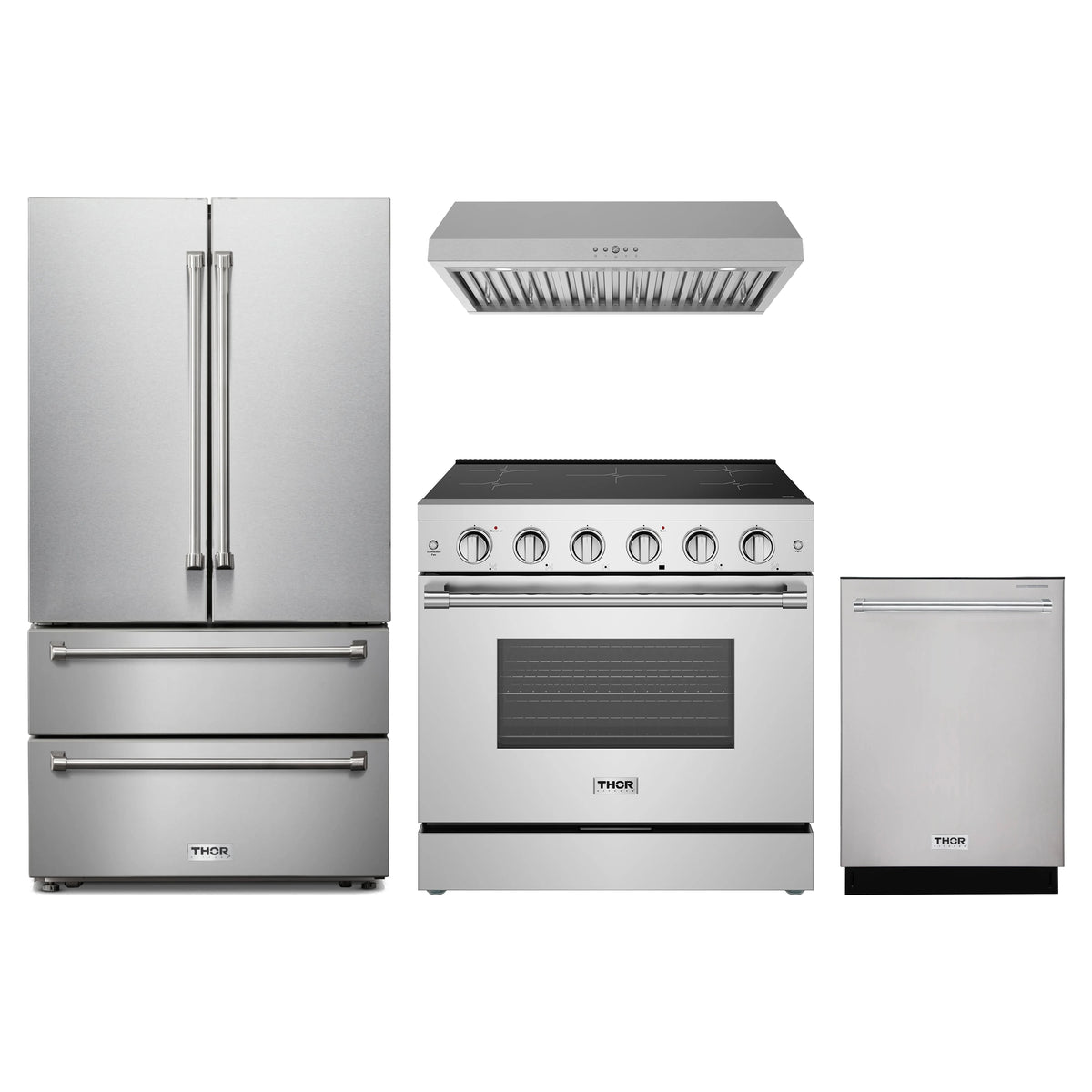 Thor Kitchen 4-Piece Appliance Package - 36-Inch Induction Range, French Door Refrigerator, Under Cabinet Hood, & Dishwasher in Stainless Steel