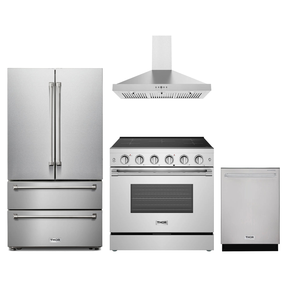 Thor Kitchen 4-Piece Appliance Package - 36-Inch Induction Range, French Door Refrigerator, Wall Mount Hood, & Dishwasher in Stainless Steel