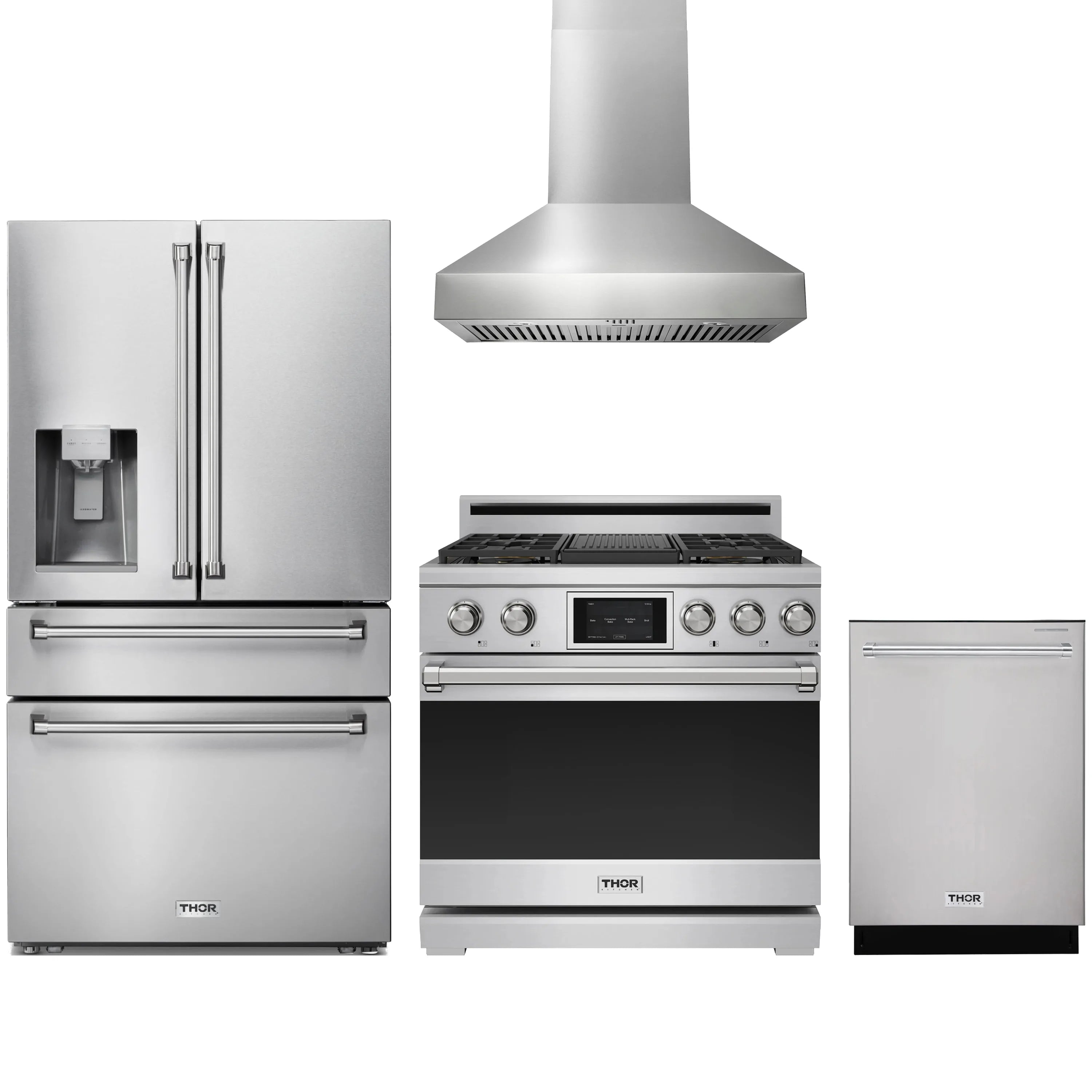 Stainless steel 4-piece kitchen appliance package with range, hood, refrigerator, dishwasher