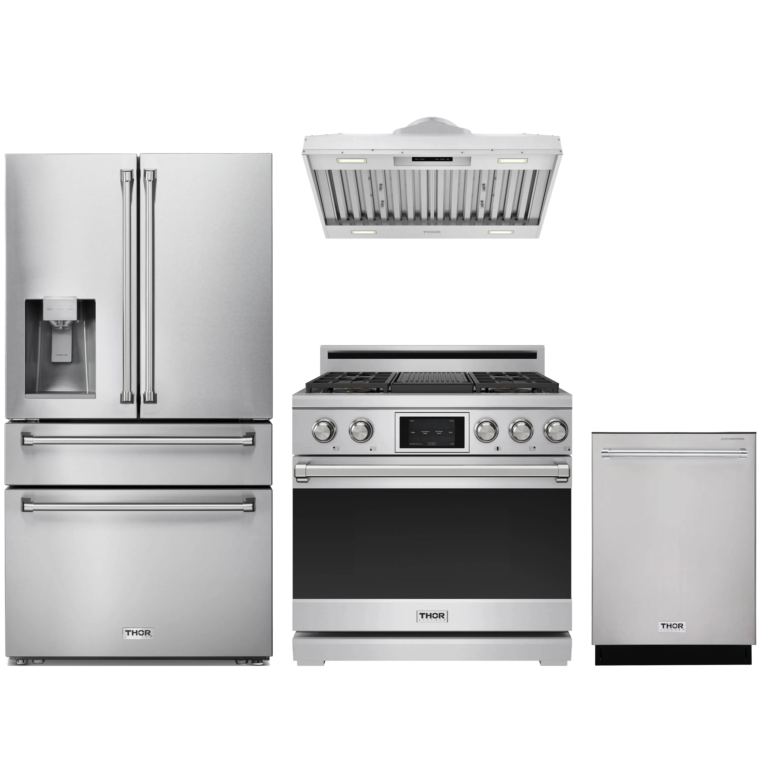 Stainless steel 4-piece appliance package with dual fuel range, fridge, hood, dishwasher