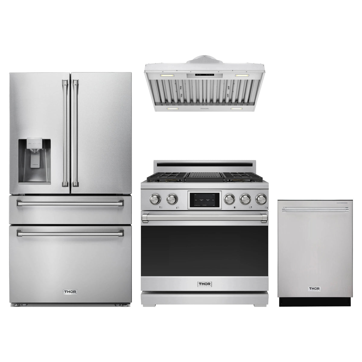 Thor Kitchen 4-Piece Appliance Package - 36-Inch Propane Dual Fuel Range, Refrigerator with Water Dispenser, Hood Insert, & Dishwasher in Stainless Steel
