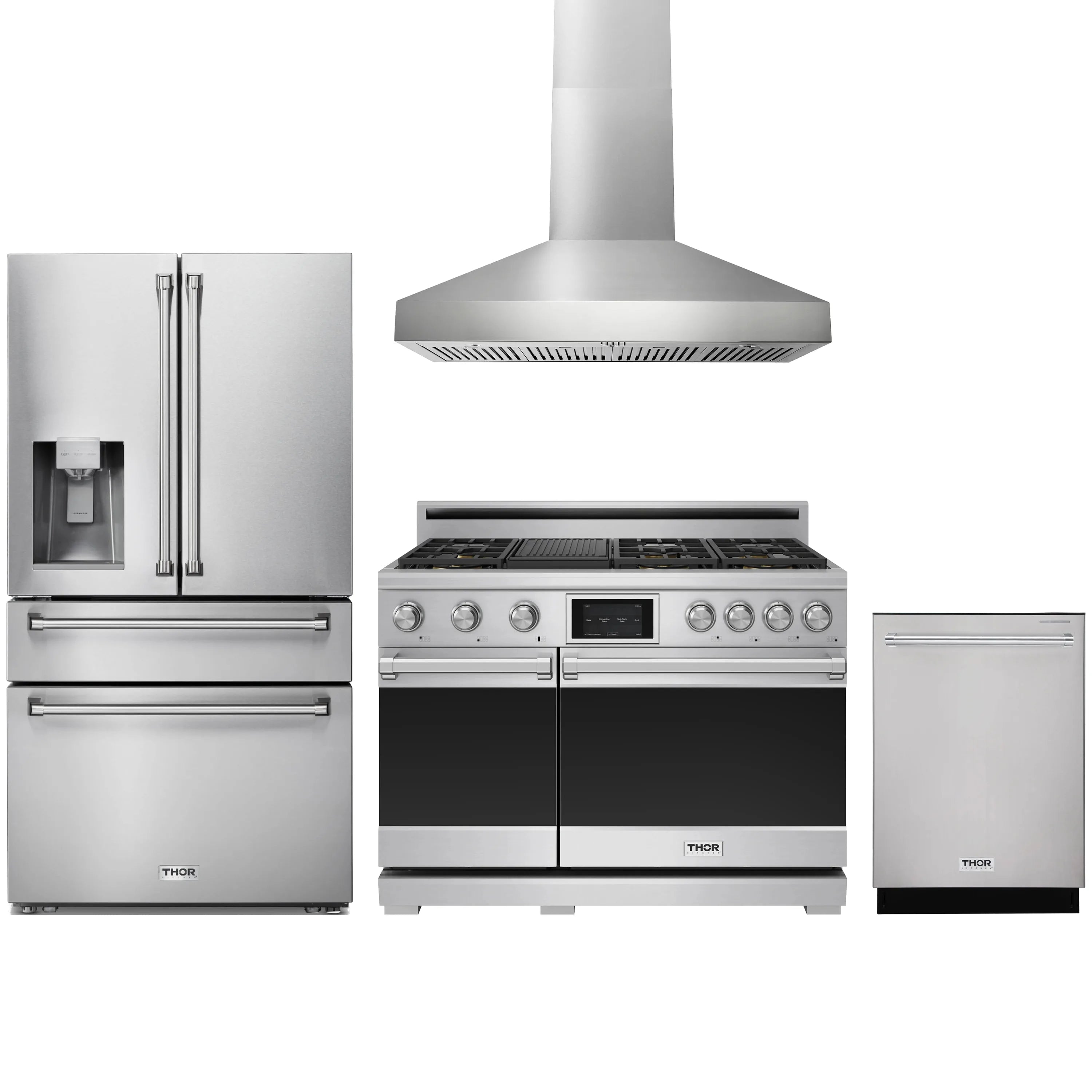 Stainless steel kitchen appliance package with refrigerator, dual-fuel range, hood, and dishwasher