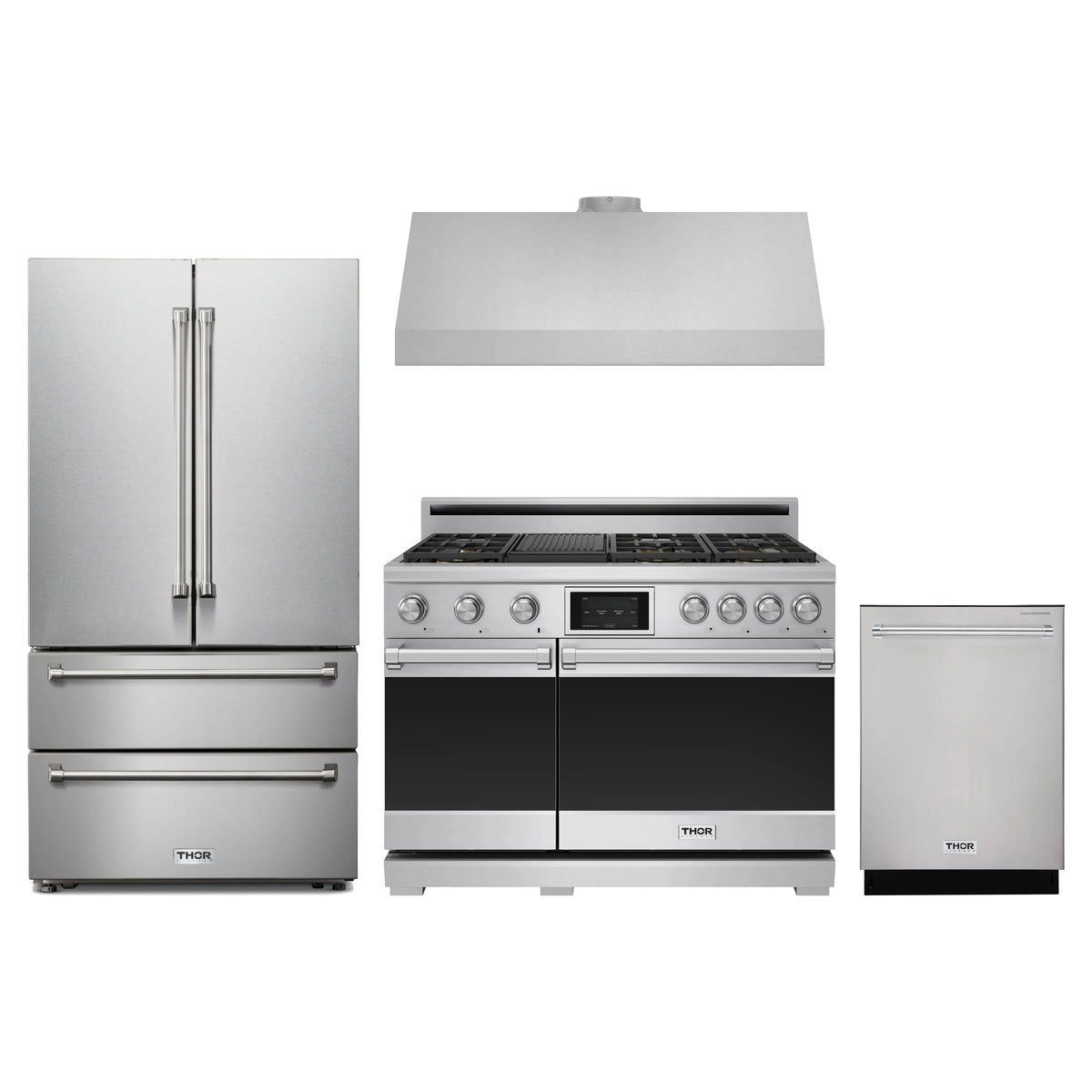 Thor Kitchen 4-Piece Appliance Package - 48-Inch Dual Fuel Range, French Door Refrigerator, Under Cabinet Hood, & Dishwasher in Stainless Steel