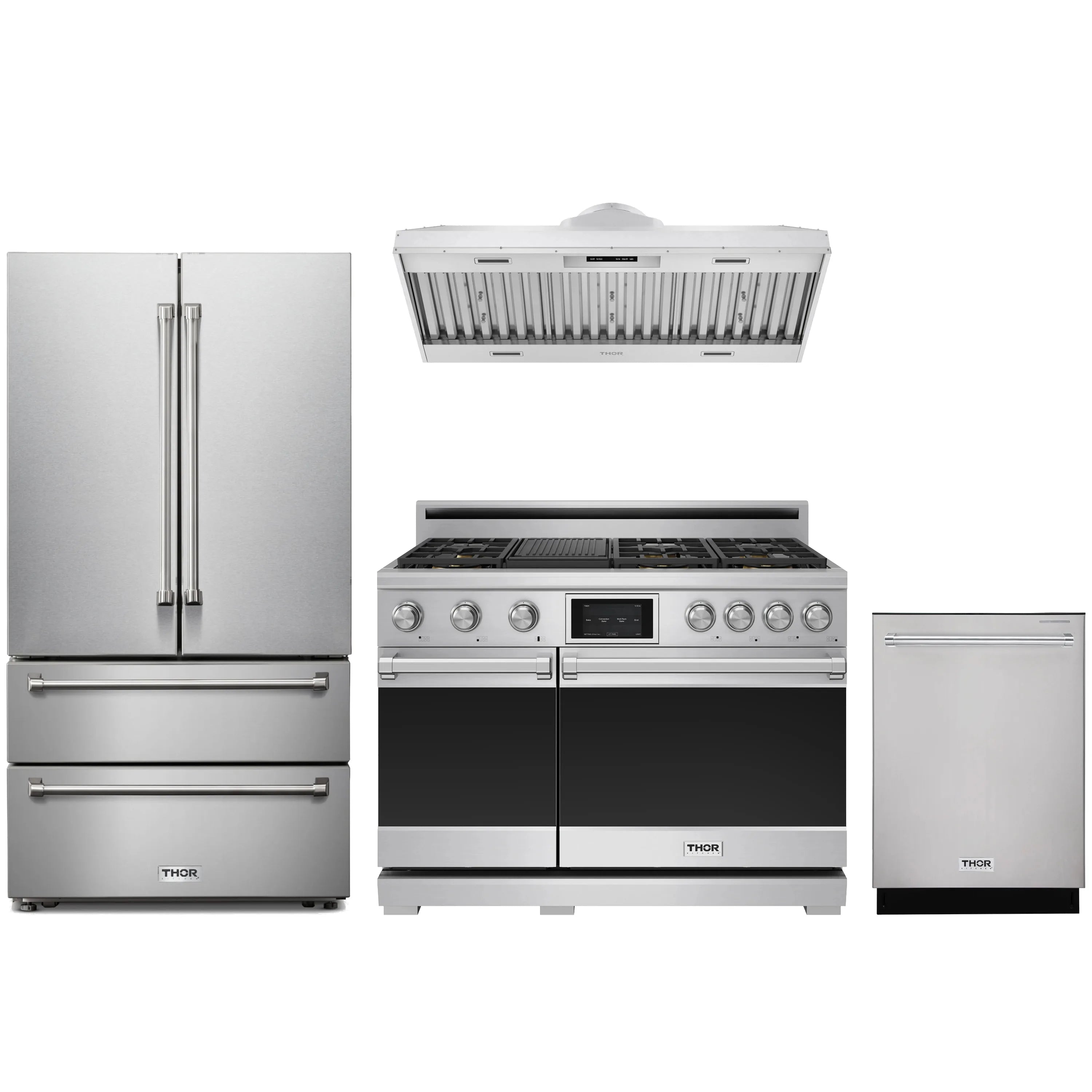 Stainless steel kitchen appliance package: dual fuel range, French door refrigerator, hood insert