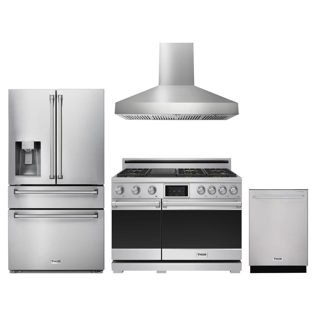 Thor Kitchen 4-Piece Appliance Package - 48-Inch Propane Dual Fuel Range, Refrigerator with Water Dispenser, Wall Mount Hood, & Dishwasher in Stainless Steel