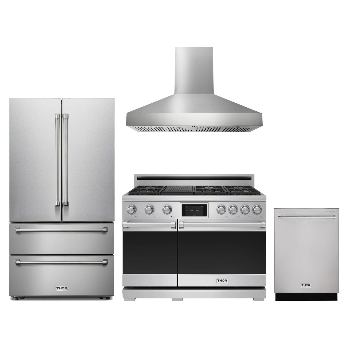 Thor Kitchen 4-Piece Appliance Package - 48-Inch Propane Dual Fuel Range, French Door Refrigerator, Wall Mount Hood, & Dishwasher in Stainless Steel