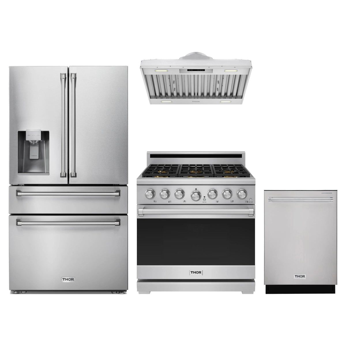 Thor Kitchen 4-Piece Appliance Package - 36-Inch Natural Gas Range, Refrigerator with Water Dispenser, Hood Insert, & Dishwasher in Stainless Steel