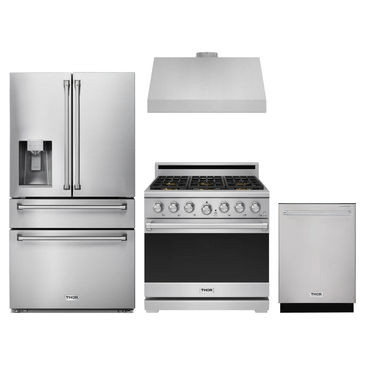 Thor Kitchen 4-Piece Appliance Package - 36-Inch Natural Gas Range, Refrigerator with Water Dispenser, Under Cabinet Hood, & Dishwasher in Stainless Steel