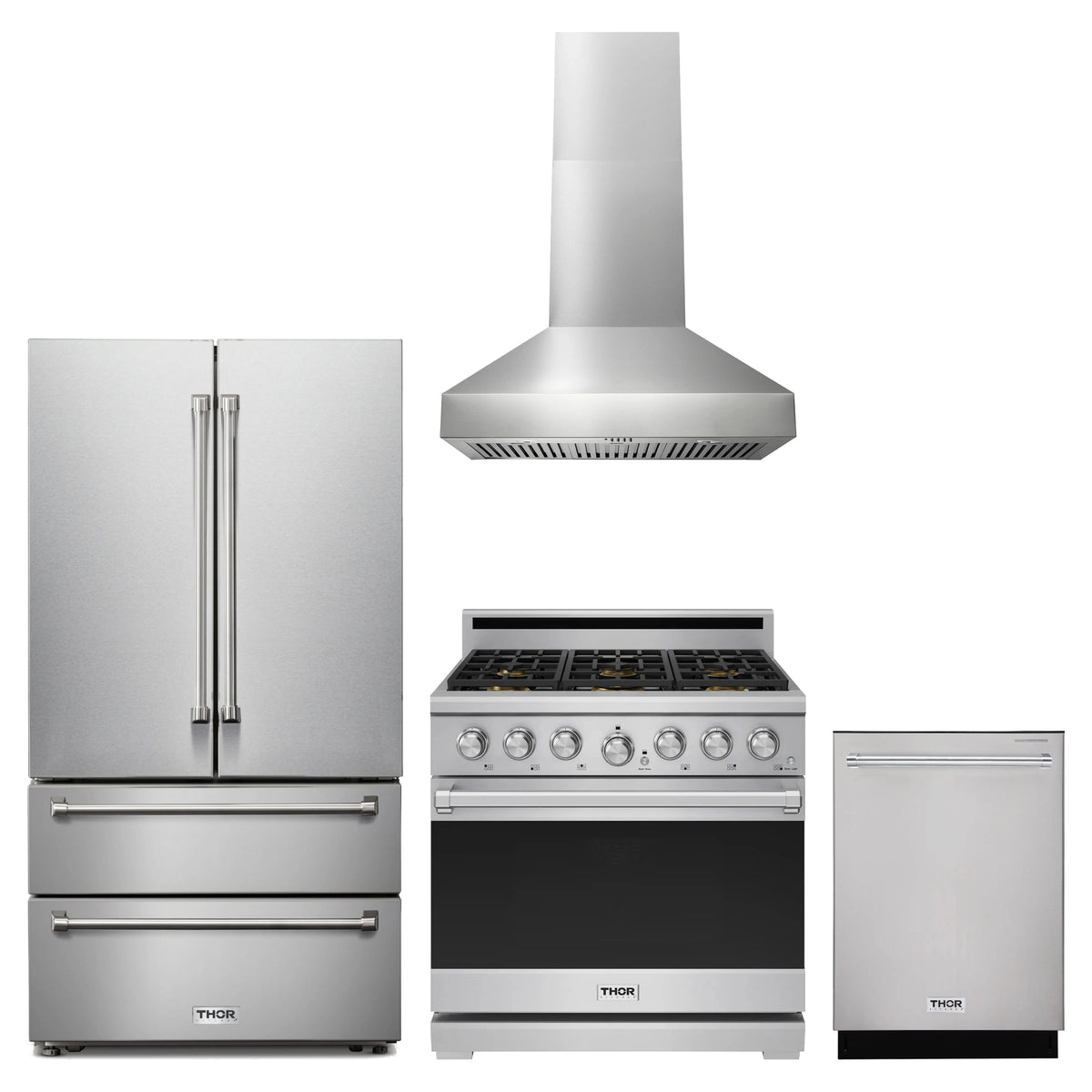 Thor Kitchen 4-Piece Appliance Package - 36-Inch Natural Gas Range, French Door Refrigerator, Wall Mount Hood, & Dishwasher in Stainless Steel