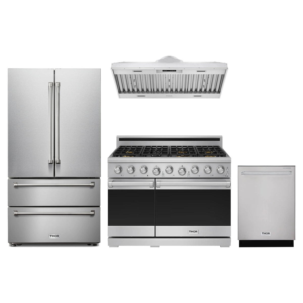 Thor Kitchen 4-Piece Appliance Package - 48-Inch Natural Gas Range, French Door Refrigerator, Hood Insert, & Dishwasher in Stainless Steel