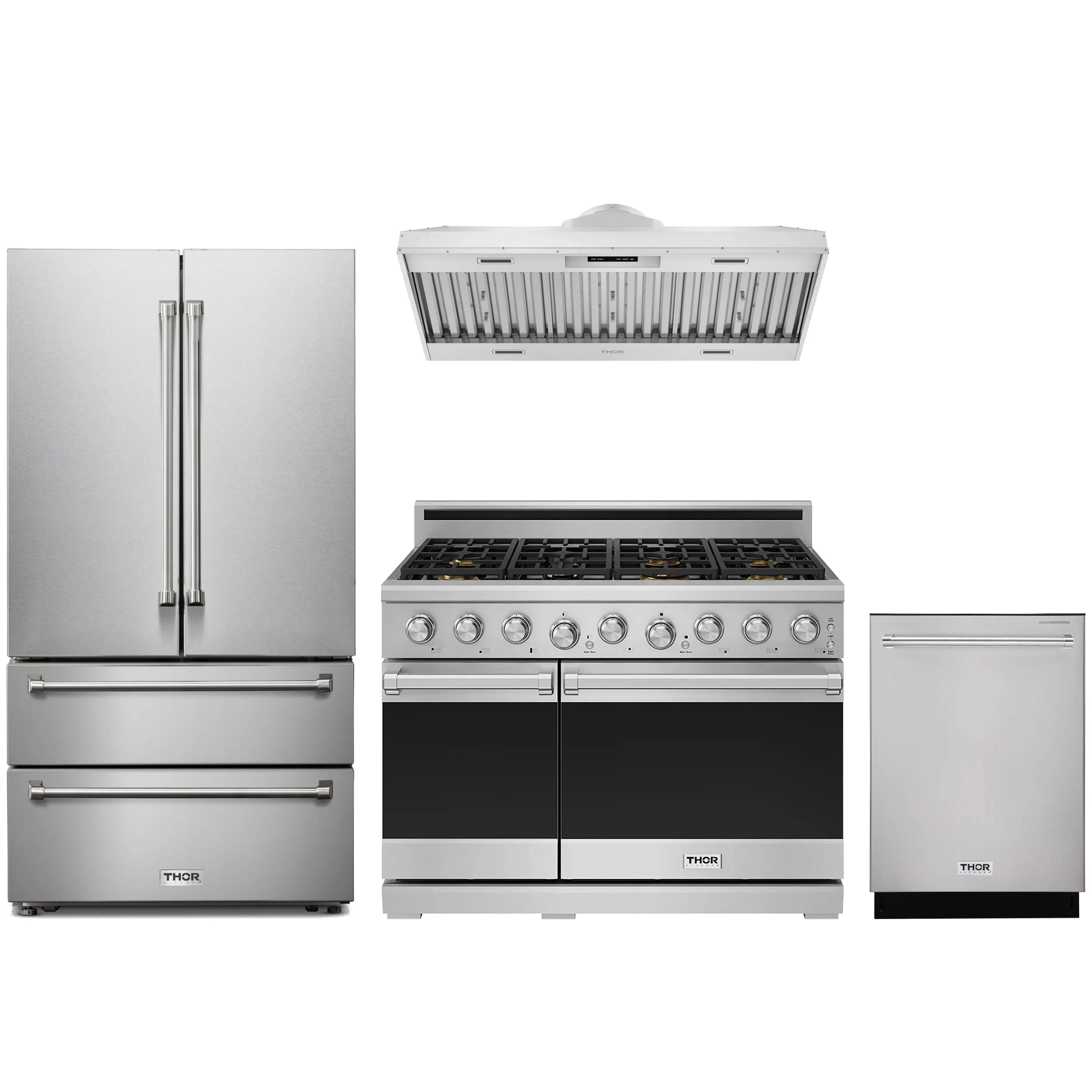 Stainless steel 4-piece appliance package: French door fridge, gas range, hood, dishwasher.