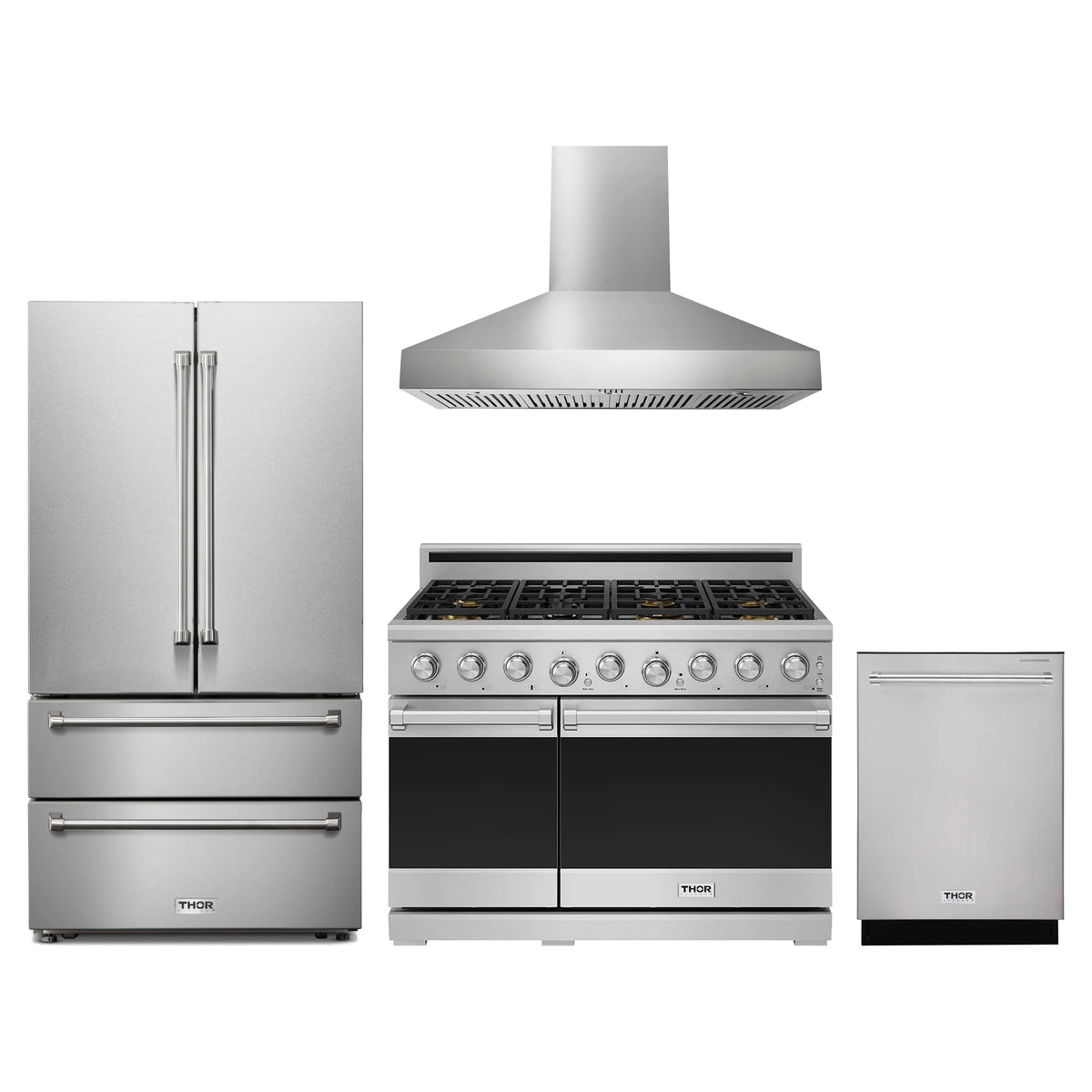 Thor Kitchen 4-Piece Appliance Package - 48-Inch Propane Gas Range, French Door Refrigerator, Wall Mount Hood, & Dishwasher in Stainless Steel