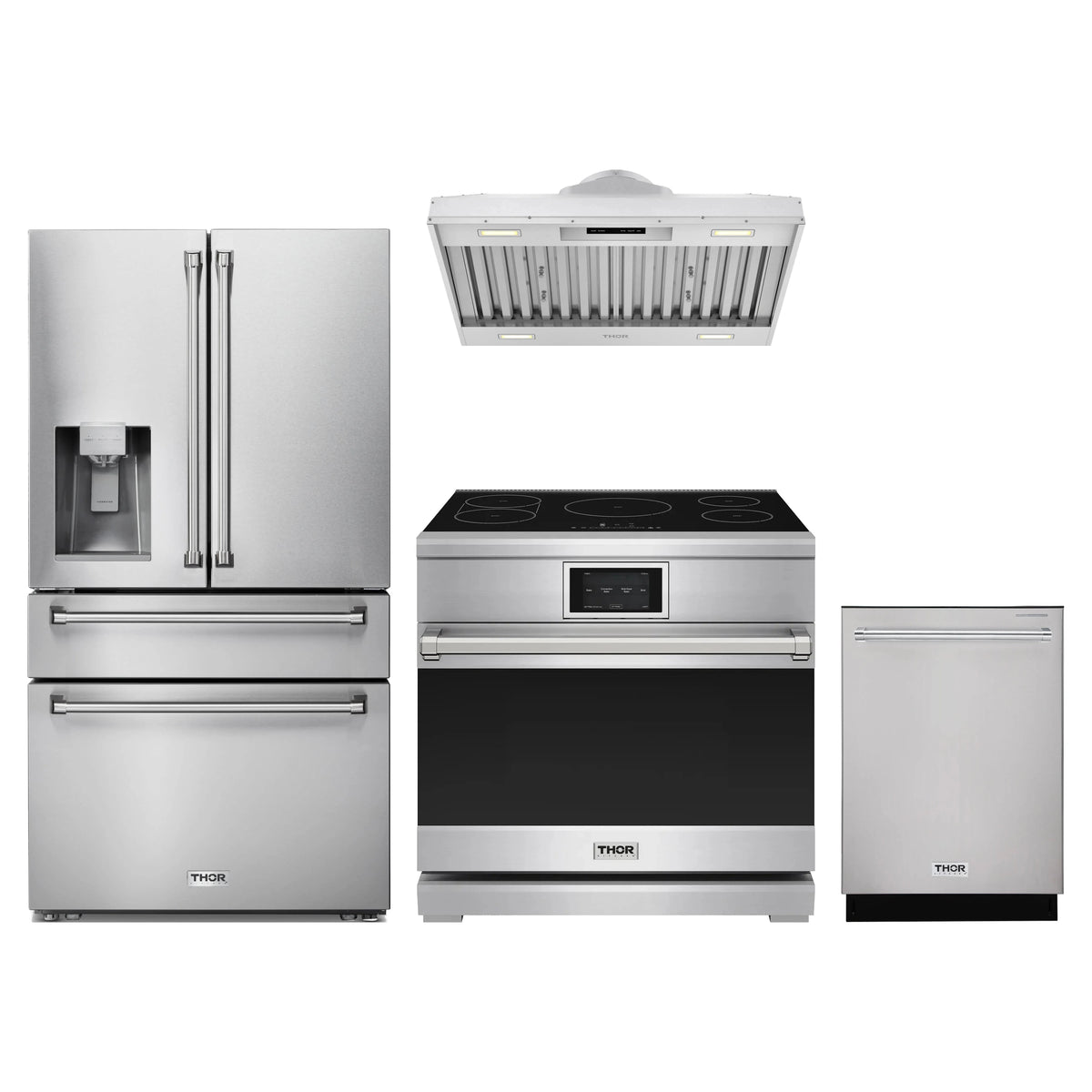 Thor Kitchen 4-Piece Appliance Package - 36-Inch Induction Range, Refrigerator with Water Dispenser, Hood Insert, & Dishwasher in Stainless Steel