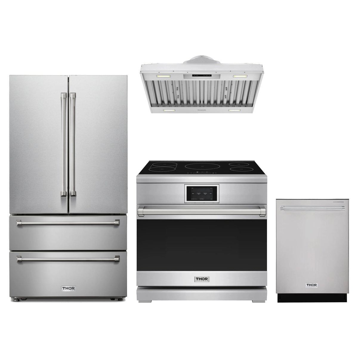 Thor Kitchen 4-Piece Appliance Package - 36-Inch Induction Range, French Door Refrigerator, Hood Insert, & Dishwasher in Stainless Steel
