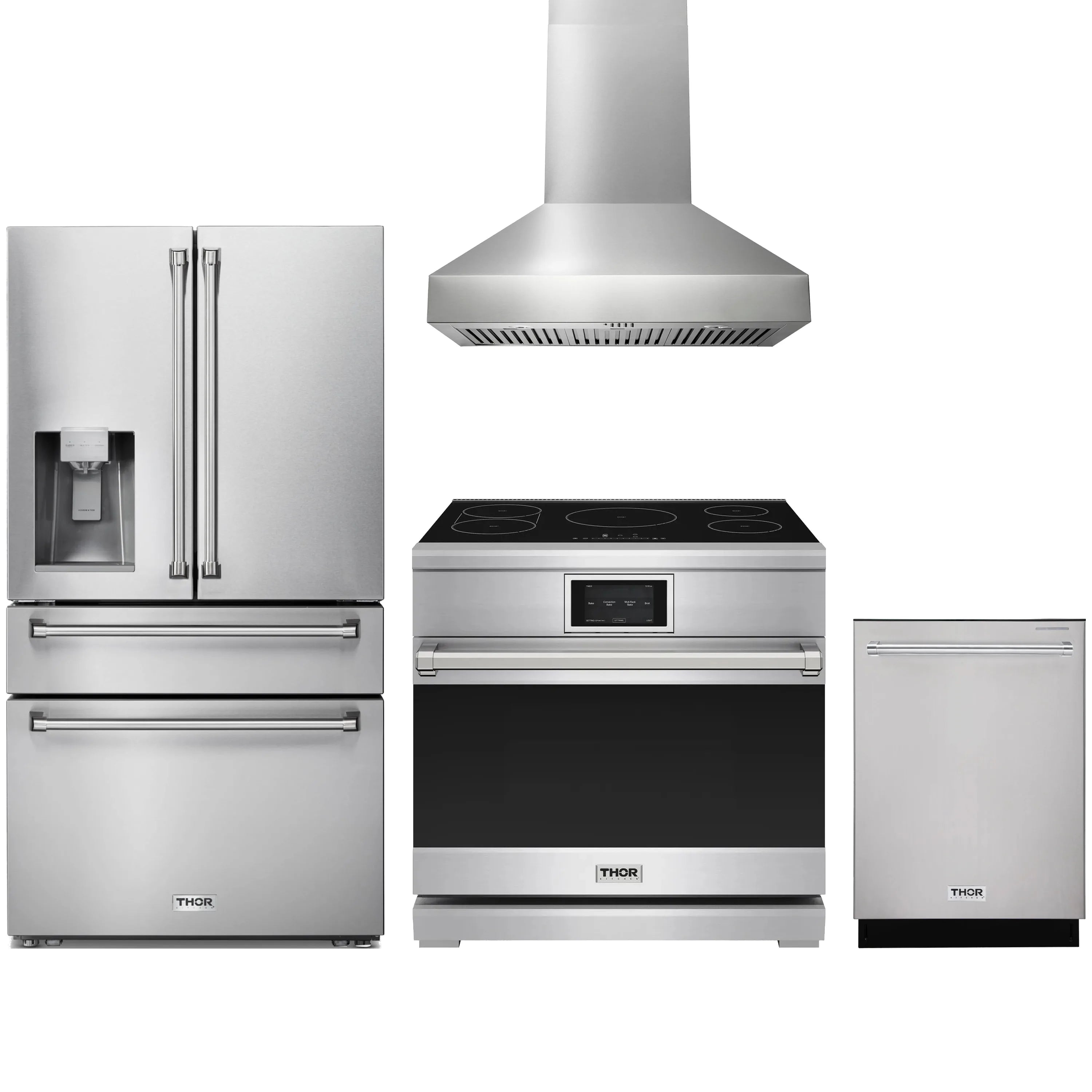 Stainless steel kitchen appliance package with refrigerator, induction range, hood, and dishwasher