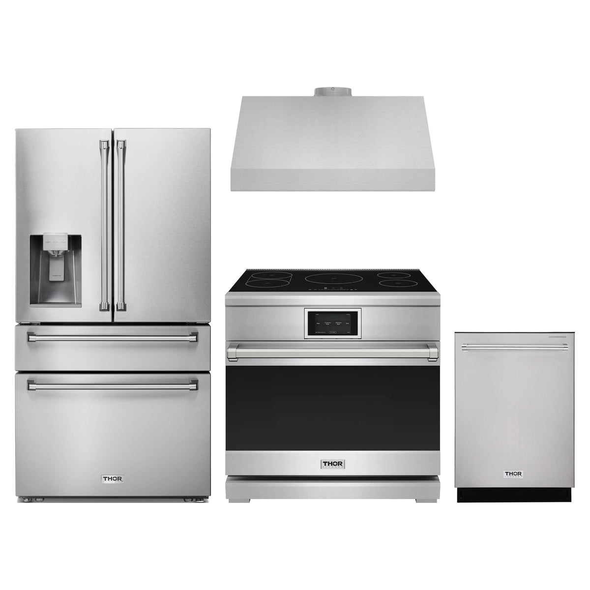 Thor Kitchen 4-Piece Appliance Package - 36-Inch Induction Range, Refrigerator with Water Dispenser, Under Cabinet Hood, & Dishwasher in Stainless Steel