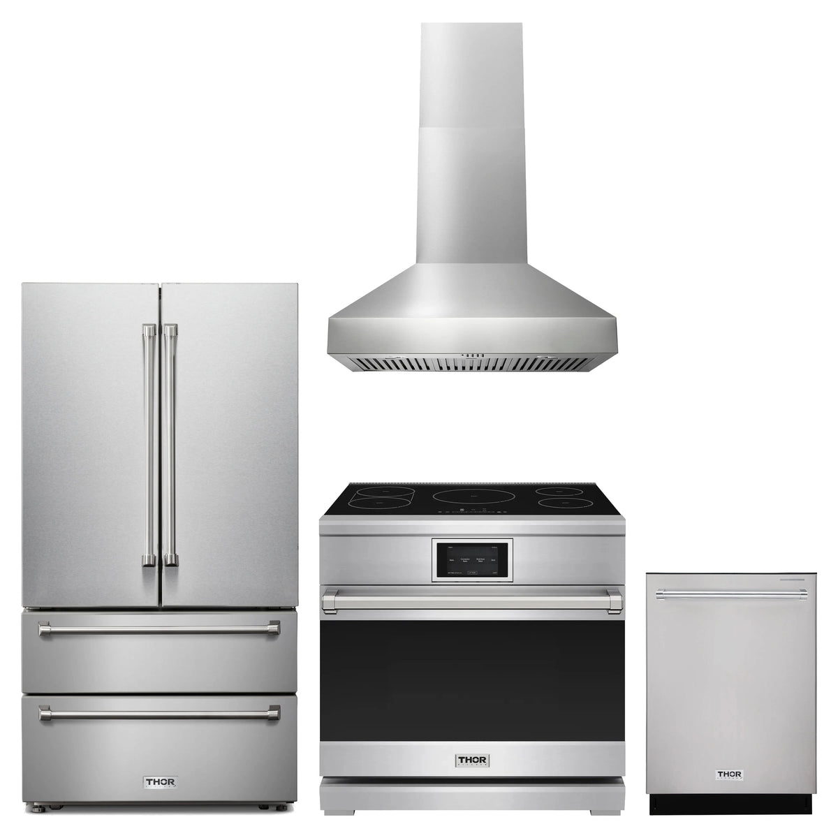 Thor Kitchen 4-Piece Appliance Package - 36-Inch Induction Range, French Door Refrigerator, Wall Mount Hood, & Dishwasher in Stainless Steel