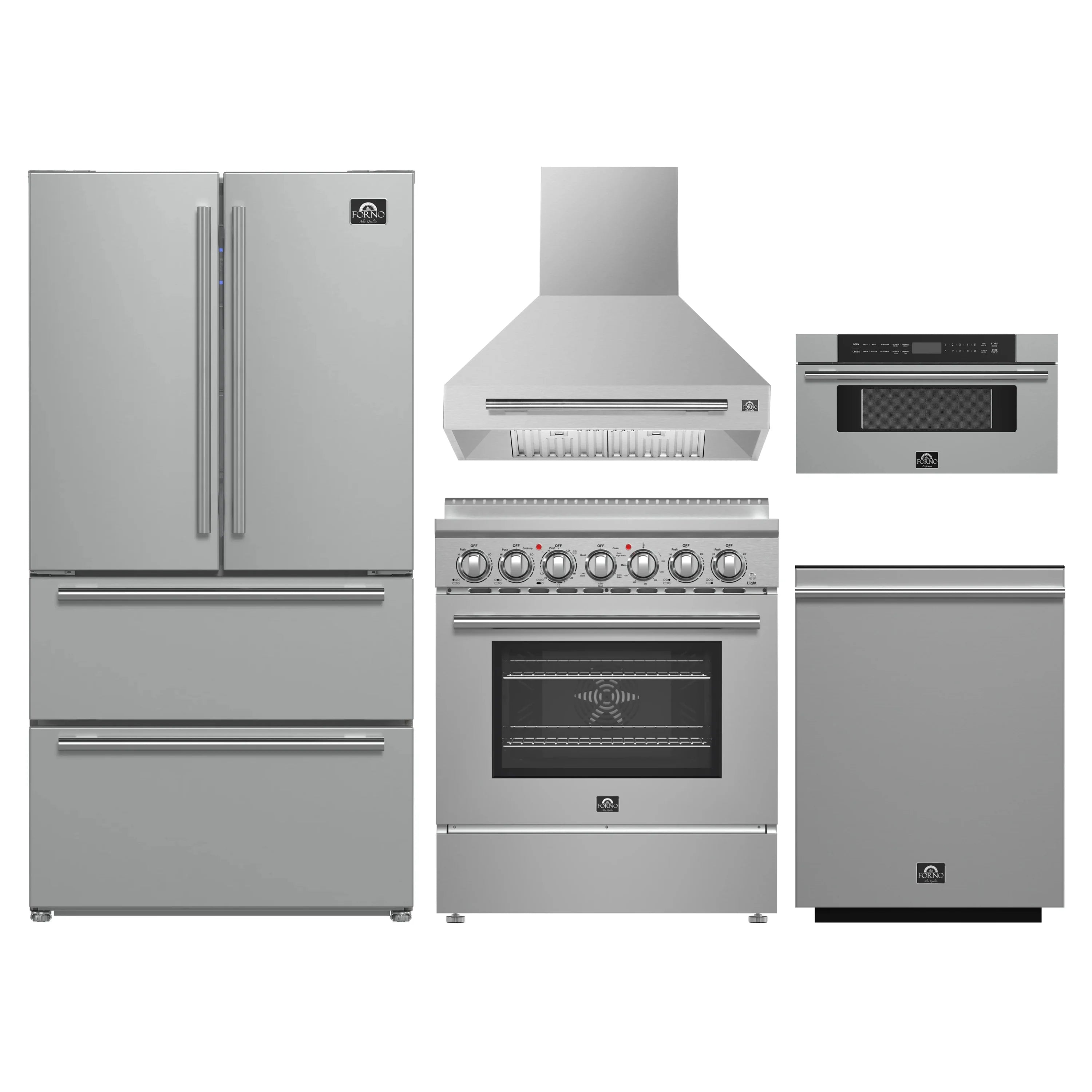 Stainless steel appliance package with refrigerator, range, range hood, microwave, dishwasher.