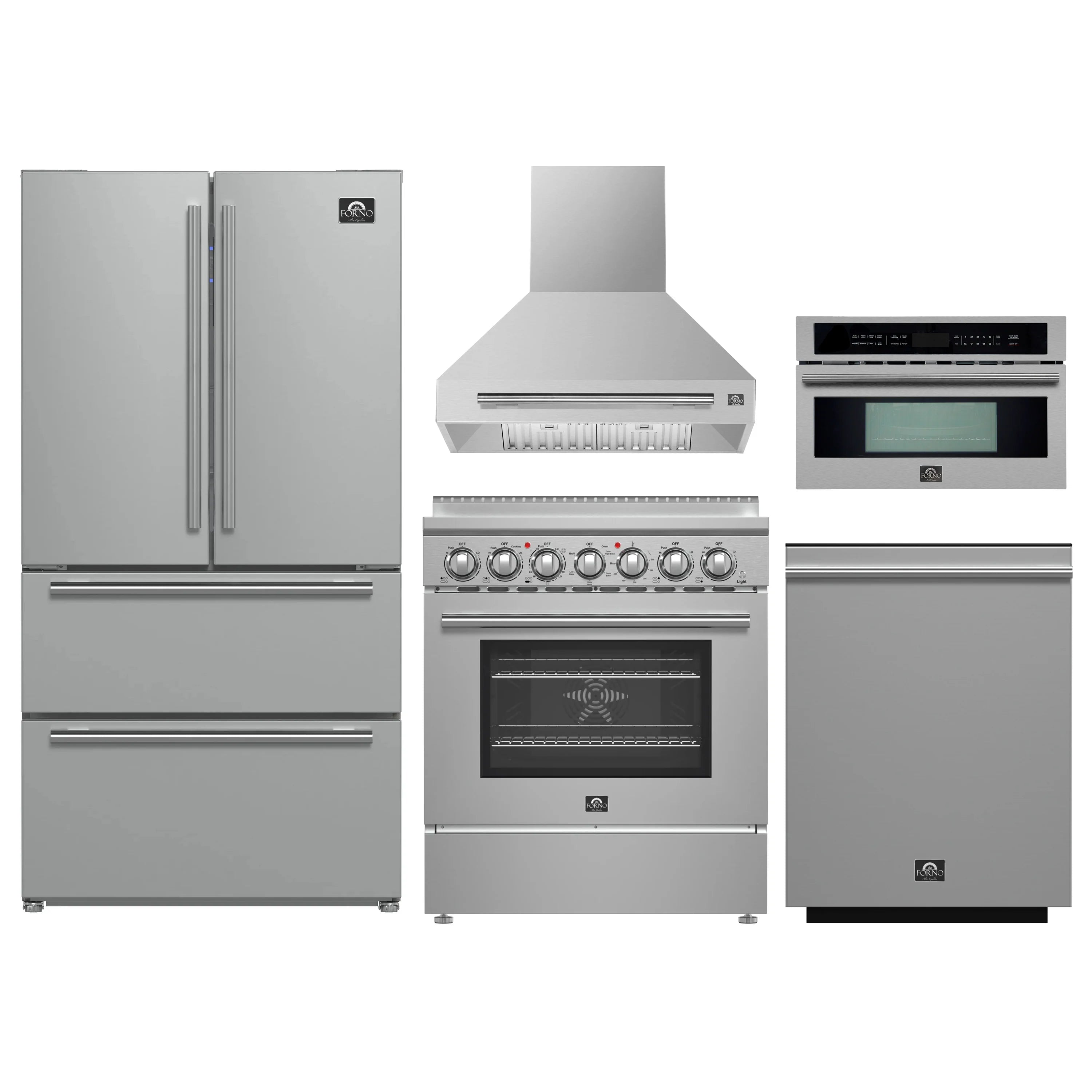 Stainless steel appliance package: range, hood, microwave, refrigerator, dishwasher