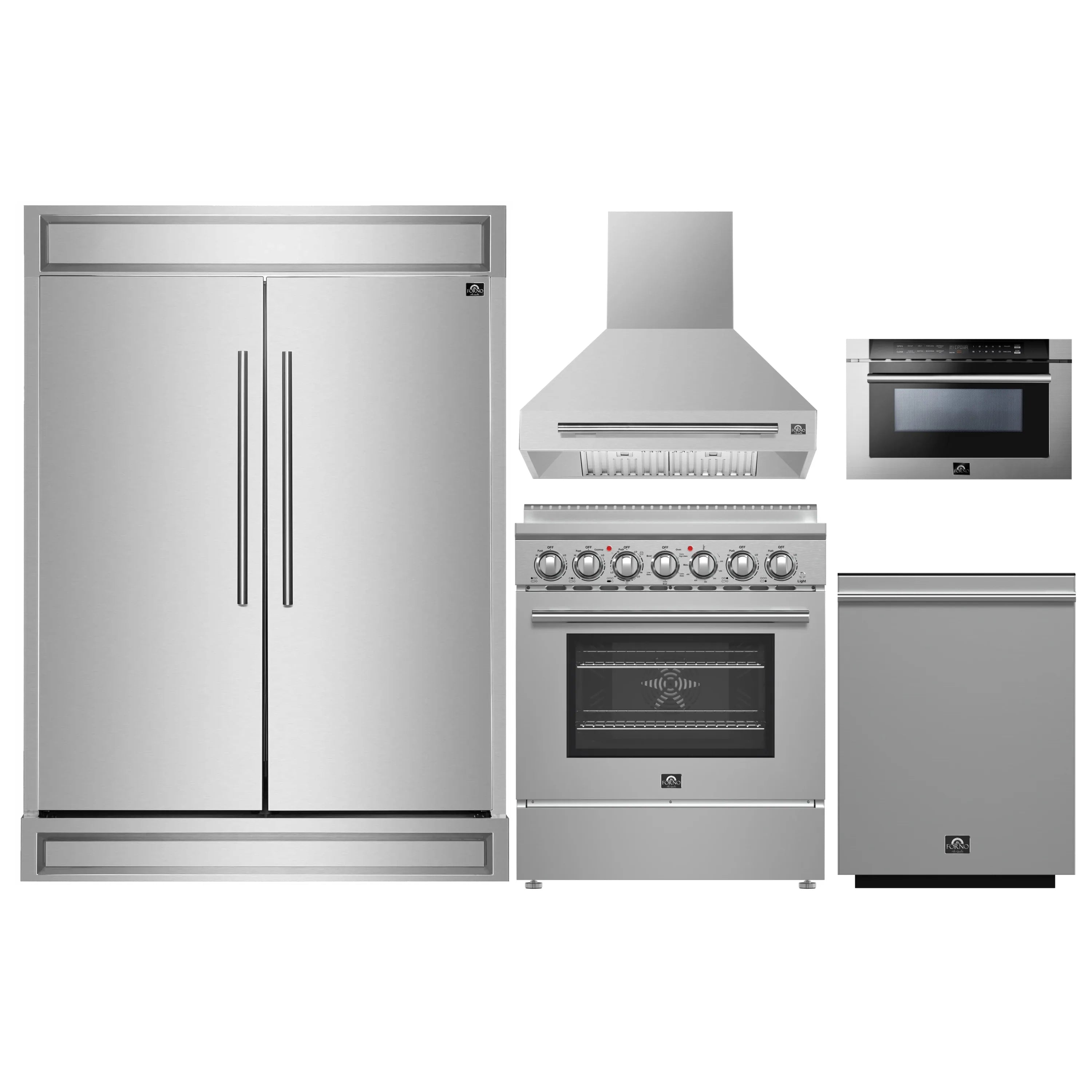 Stainless steel 5-piece kitchen appliance package: refrigerator, range hood, range, microwave, dishwasher