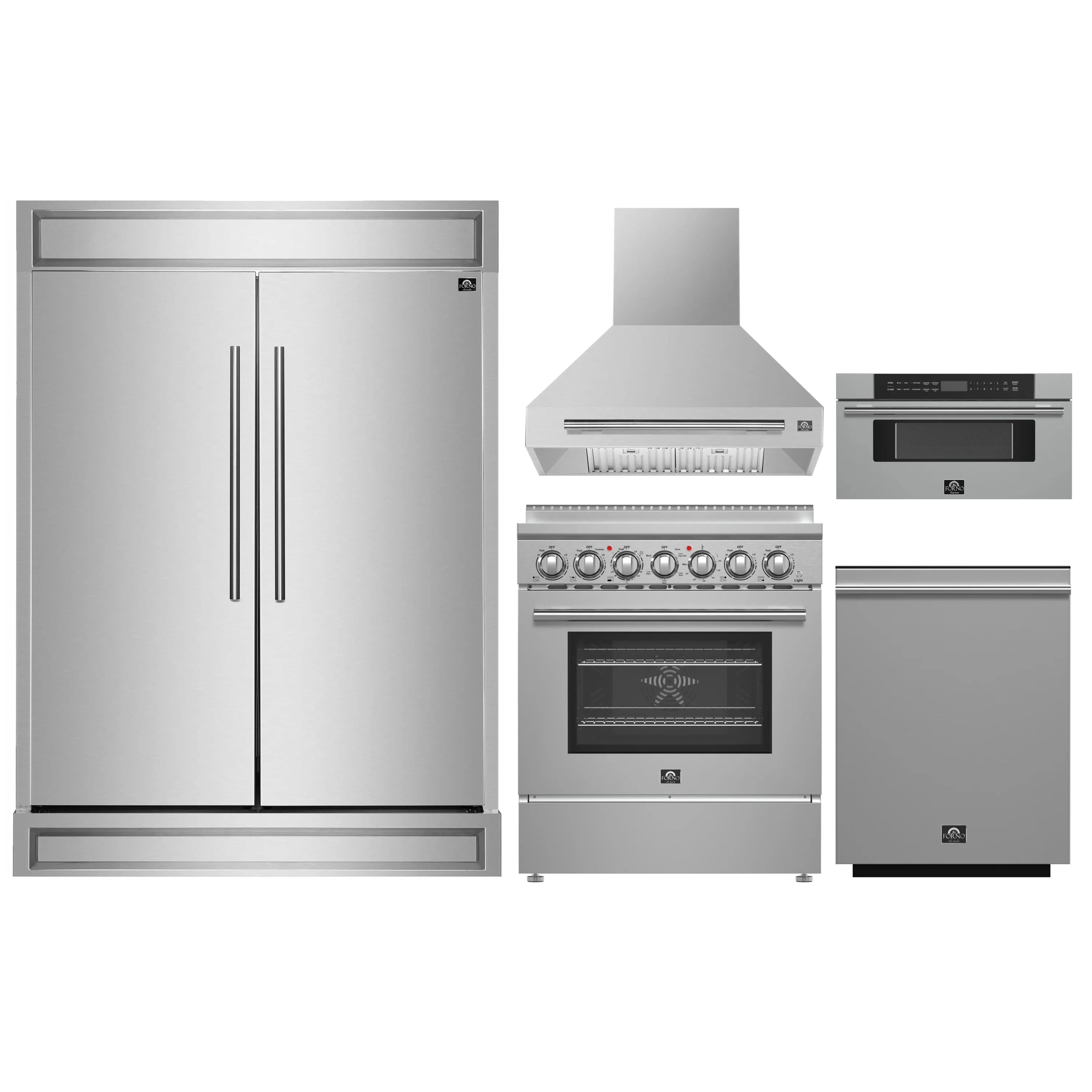 Stainless steel kitchen appliance package: refrigerator, range, hood, dishwasher, microwave