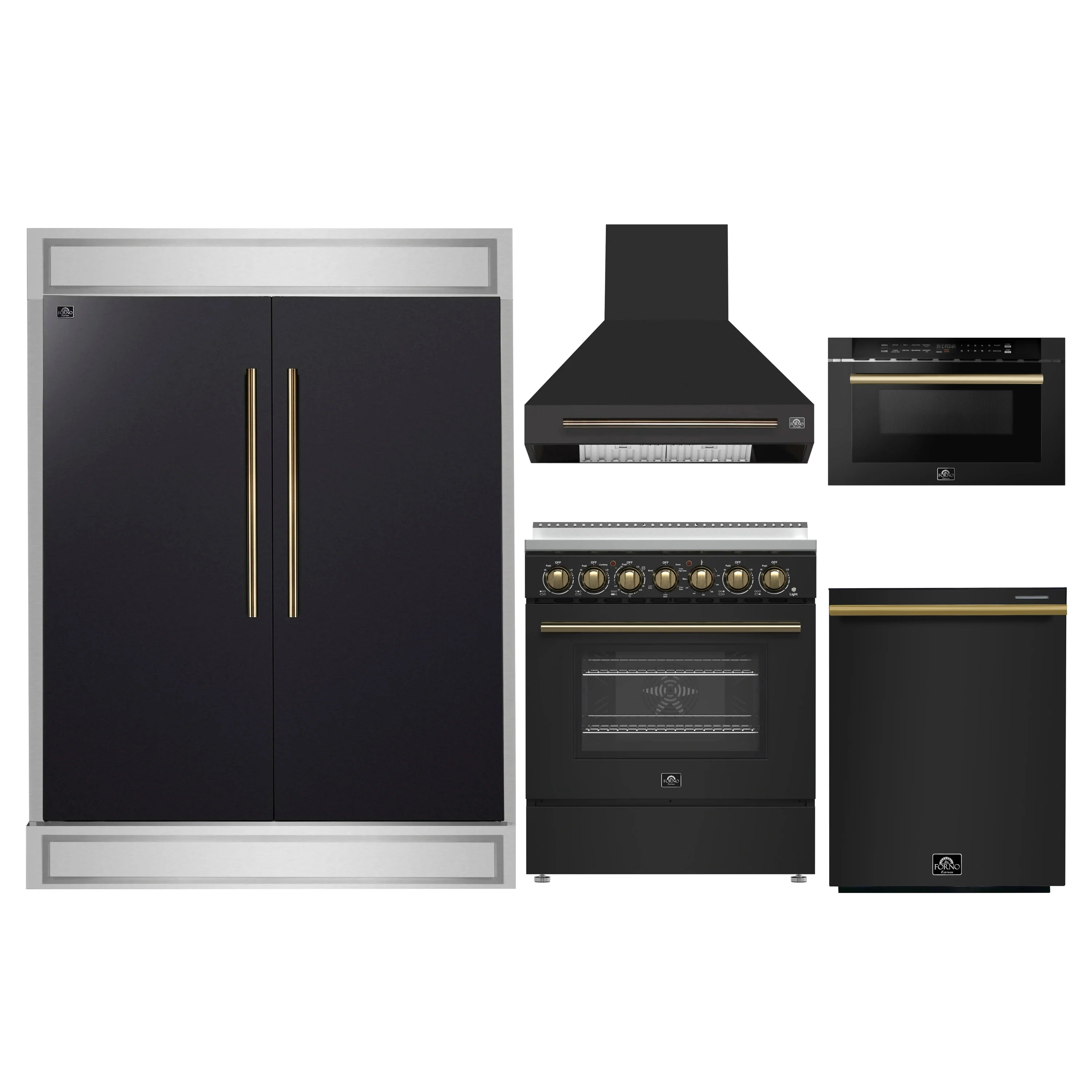 Black appliance package with antique brass accents: range, hood, fridge, dishwasher, microwave