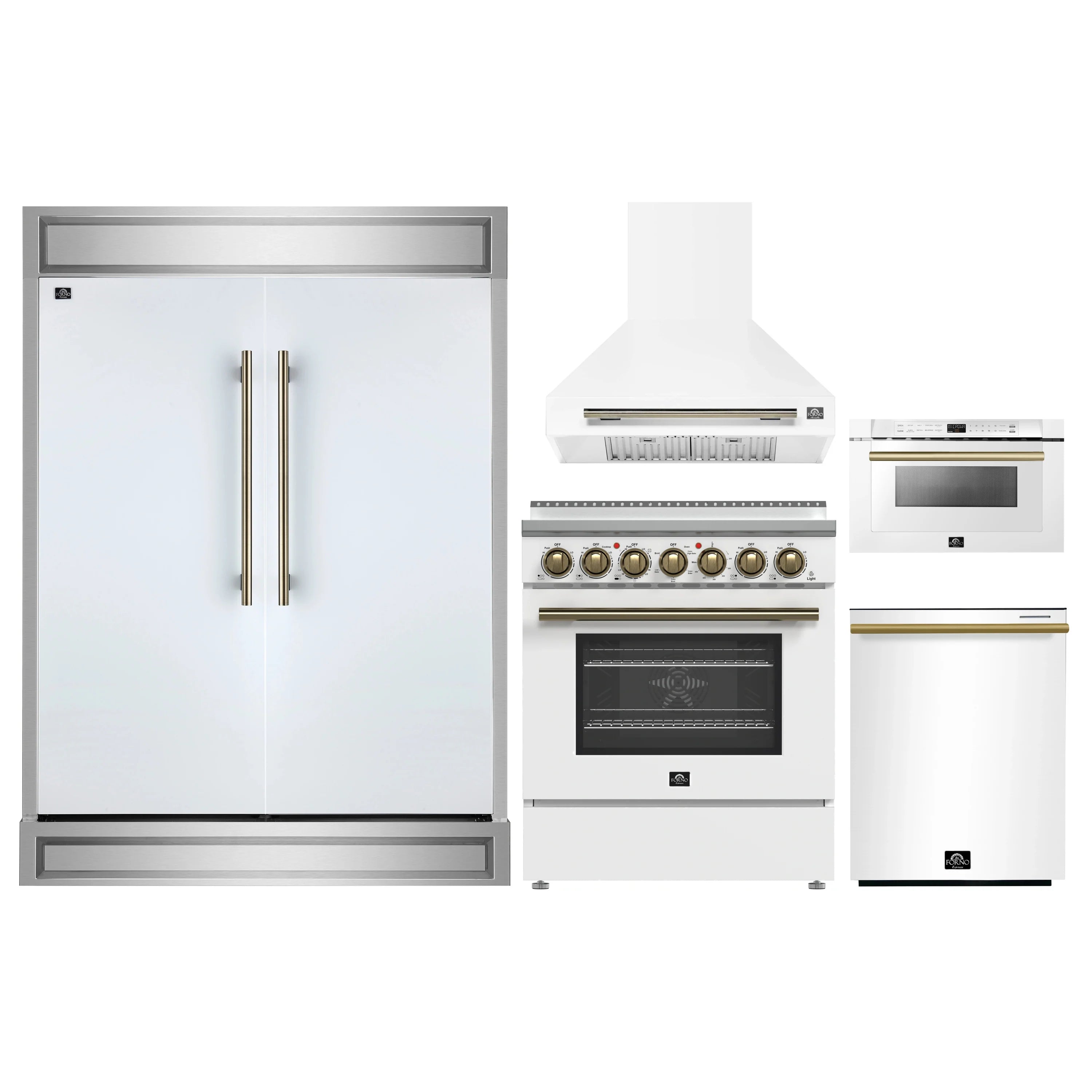 White kitchen appliance package with wall hood and electric range set