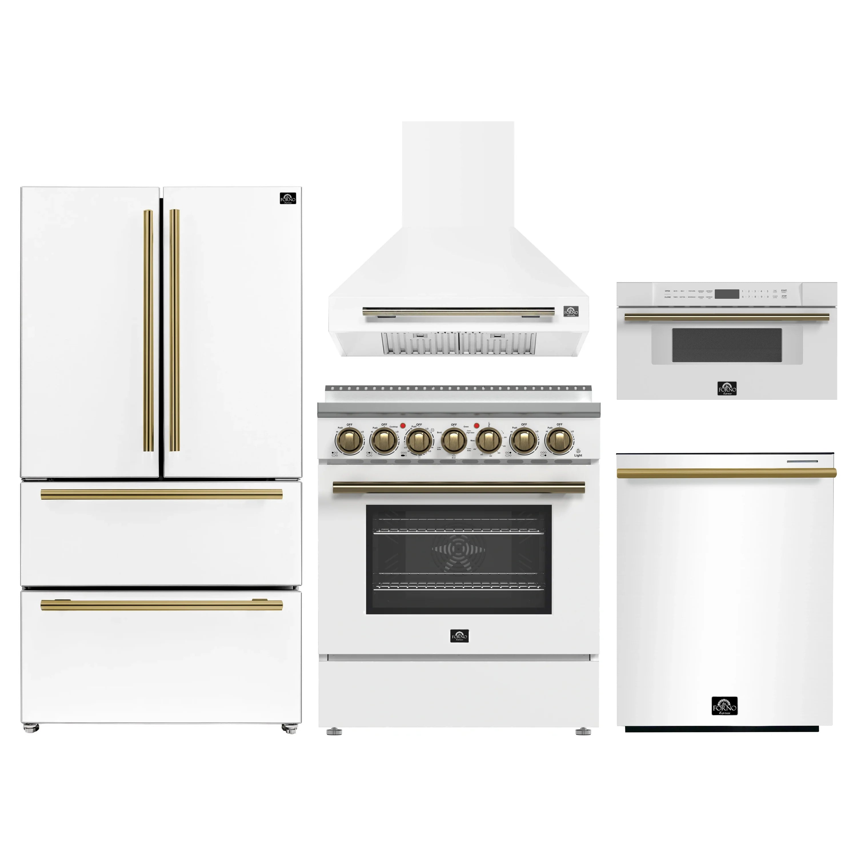 White 5-piece kitchen appliance set with refrigerator, range, hood, and matching drawers