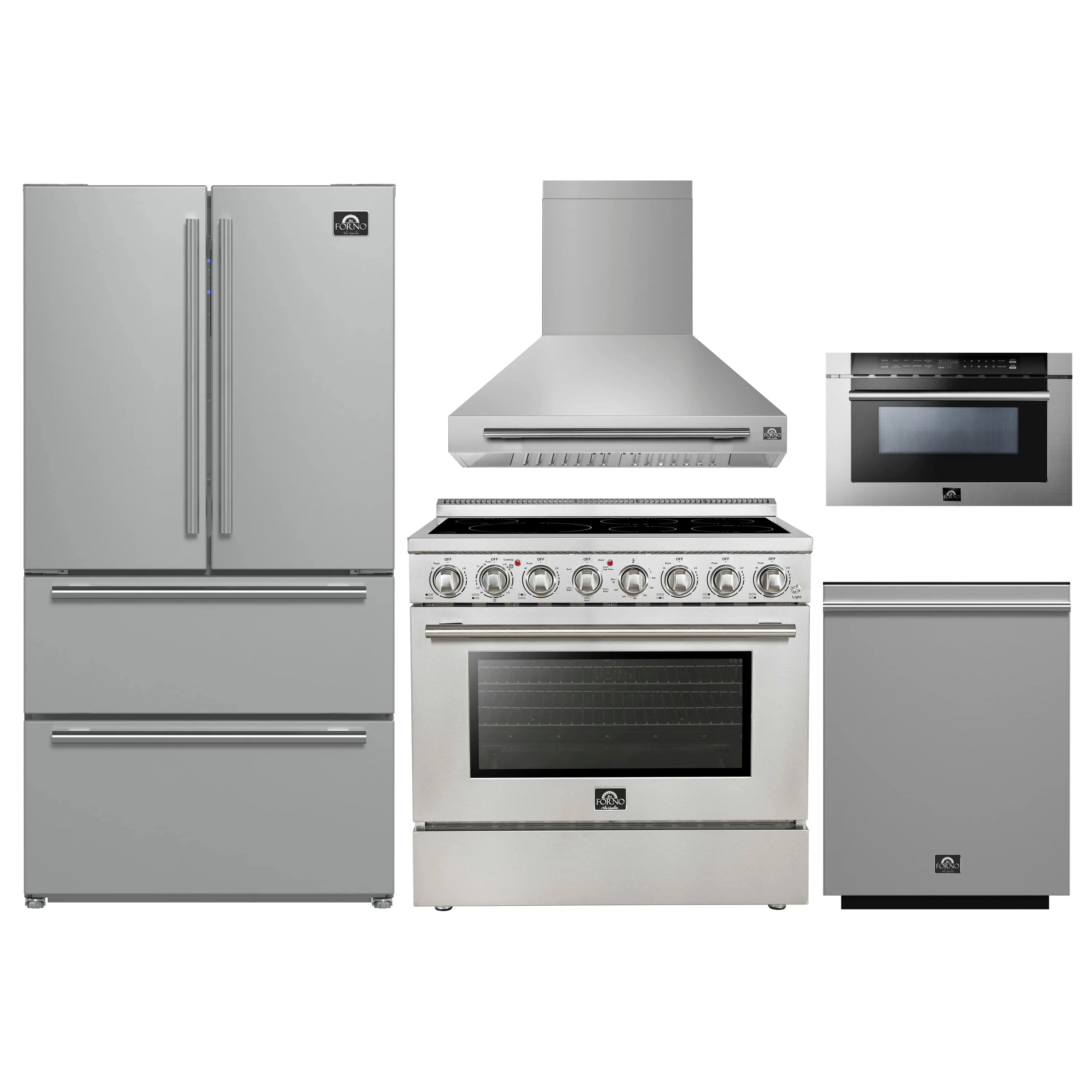 Stainless steel kitchen appliance set: refrigerator, wall hood, range, dishwasher, microwave