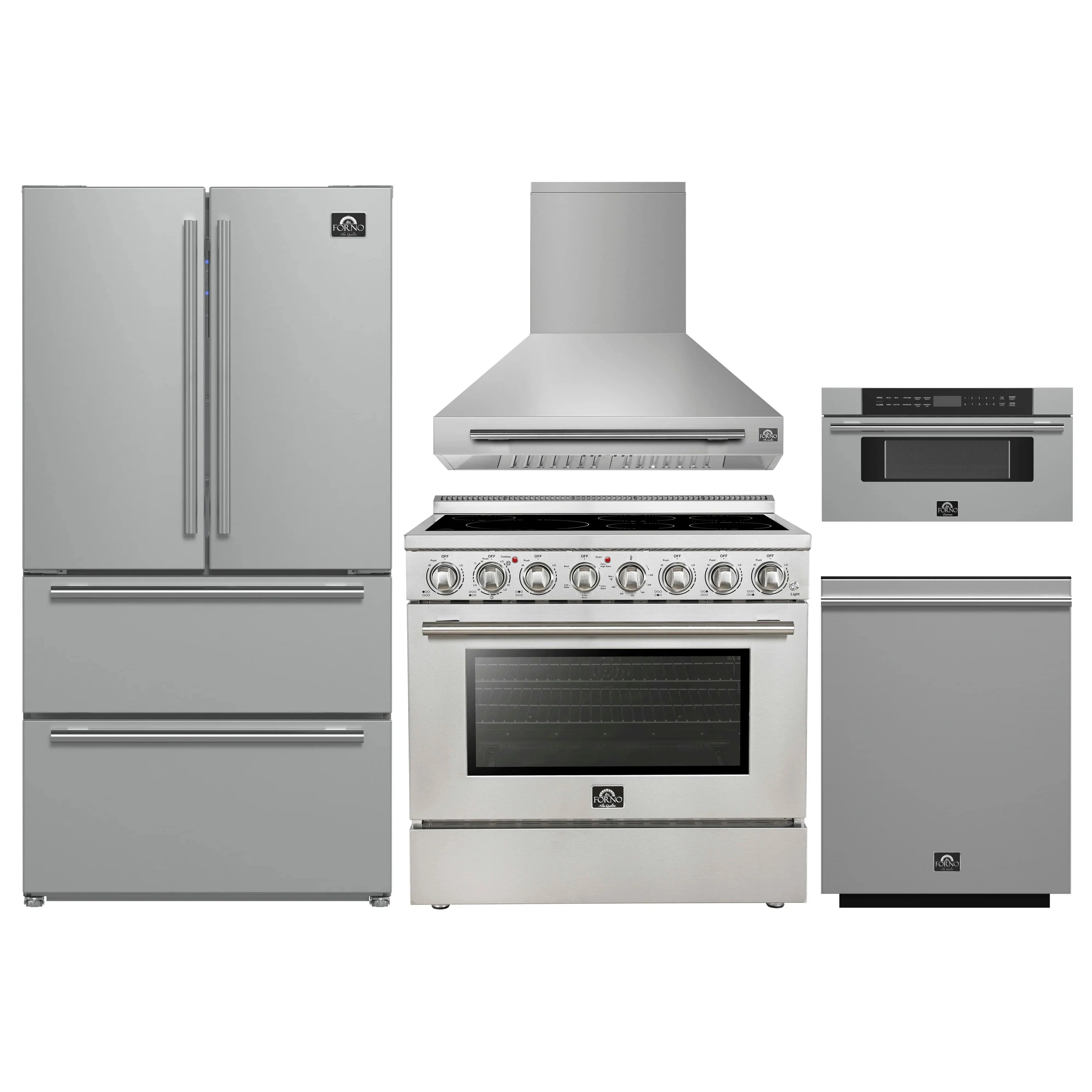 Stainless steel 5-piece appliance package with range, hood, refrigerator, dishwasher