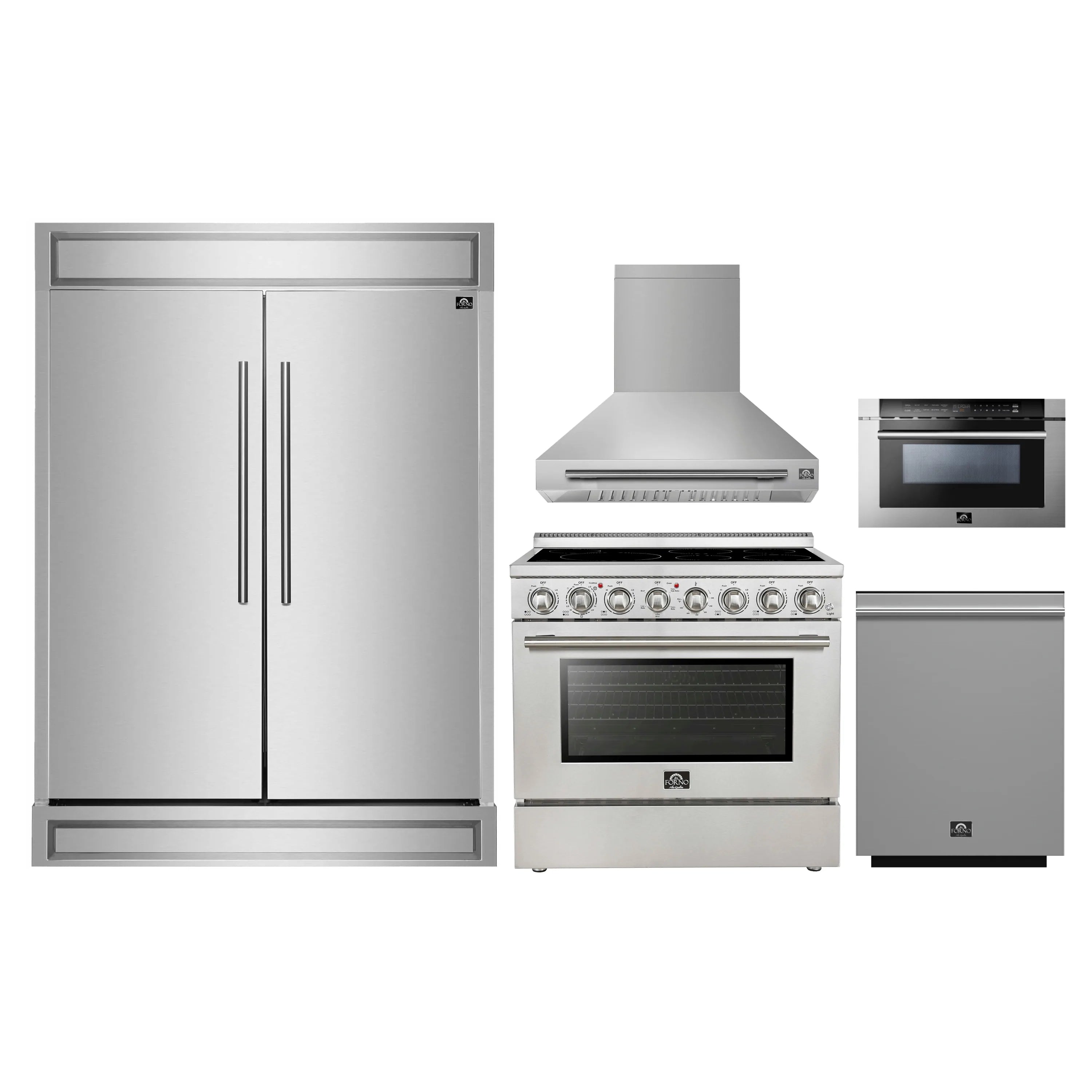 Stainless steel kitchen appliance set with refrigerator, range, hood, microwave, and dishwasher