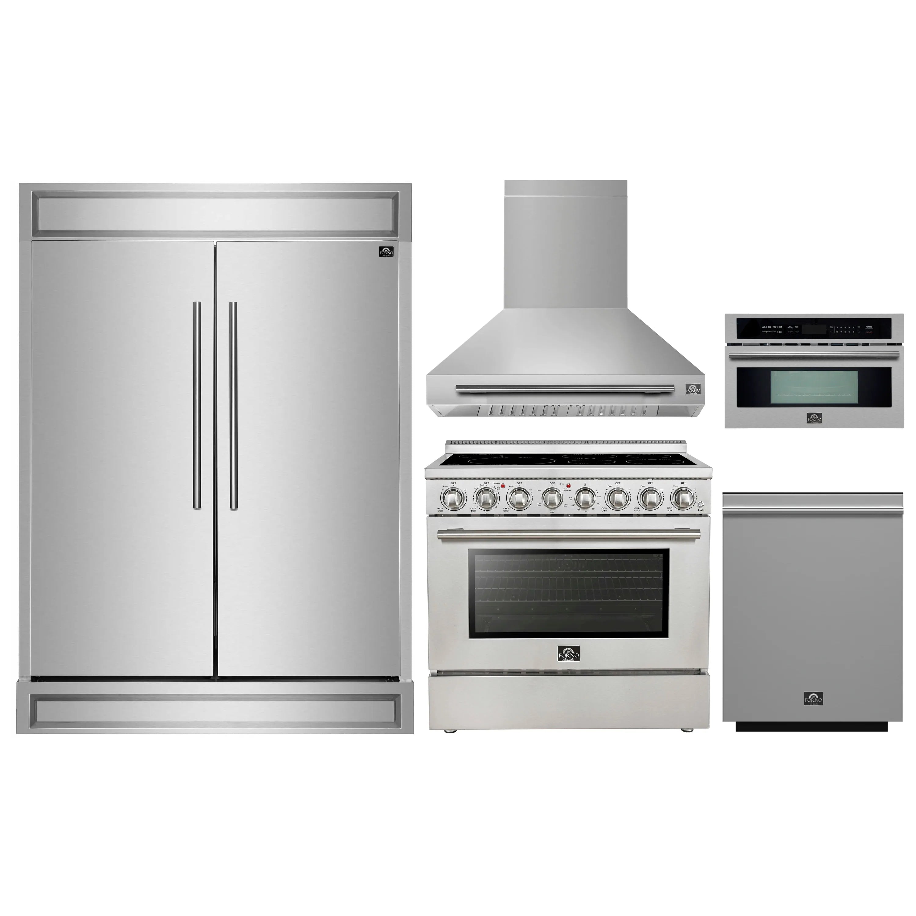 5-piece stainless steel appliance set: fridge, electric range, hood, microwave, dishwasher