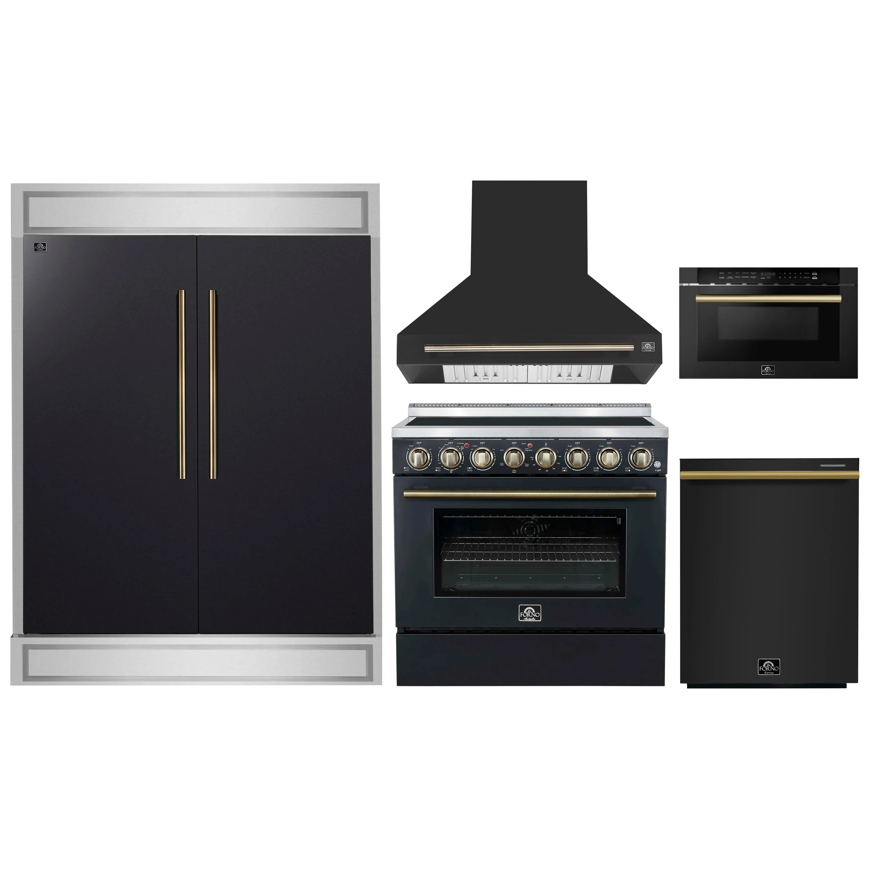 Black appliance package with brass accents: fridge, electric range, hood, microwave, dishwasher.