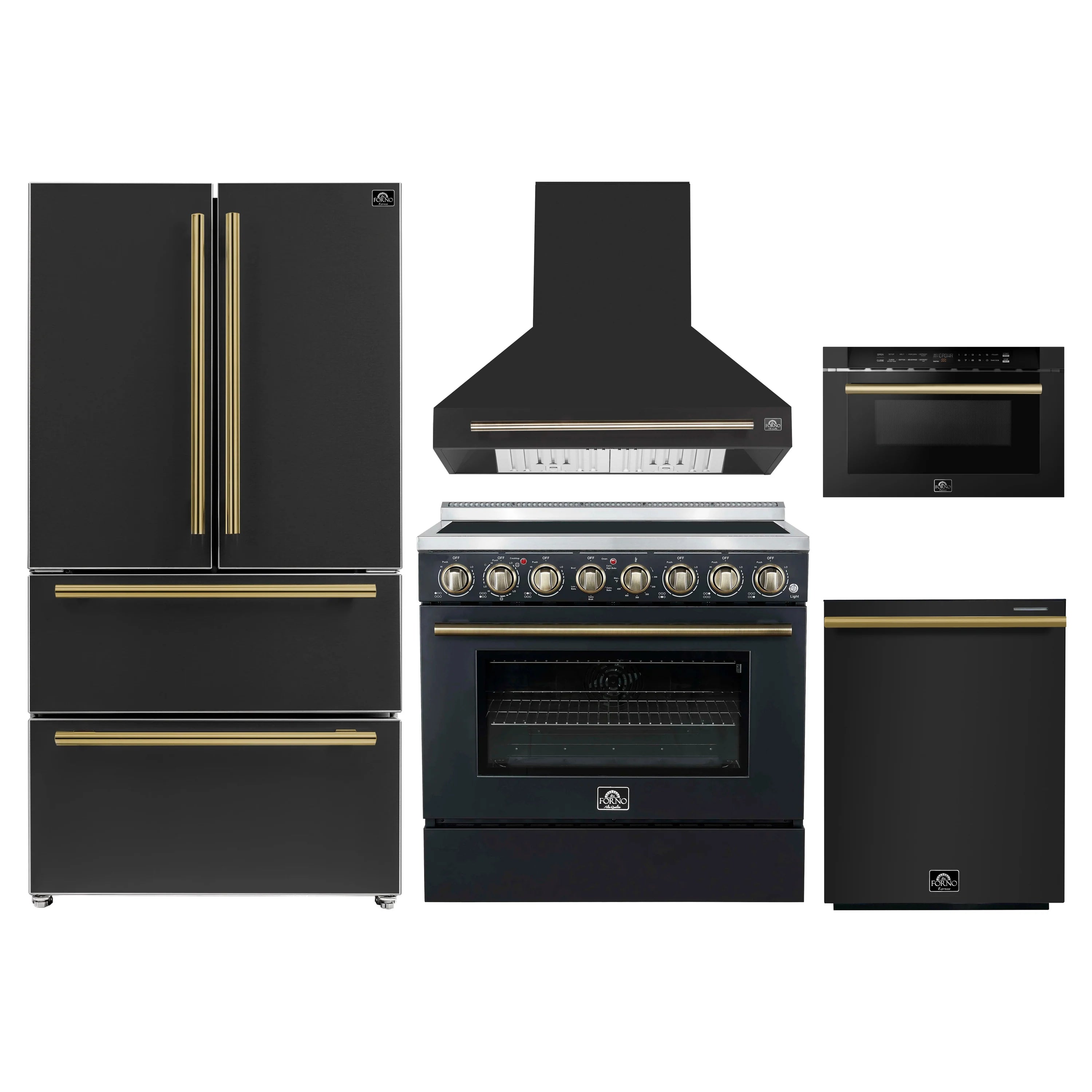 Black appliance package with electric range, hood, refrigerator, dishwasher, and microwave
