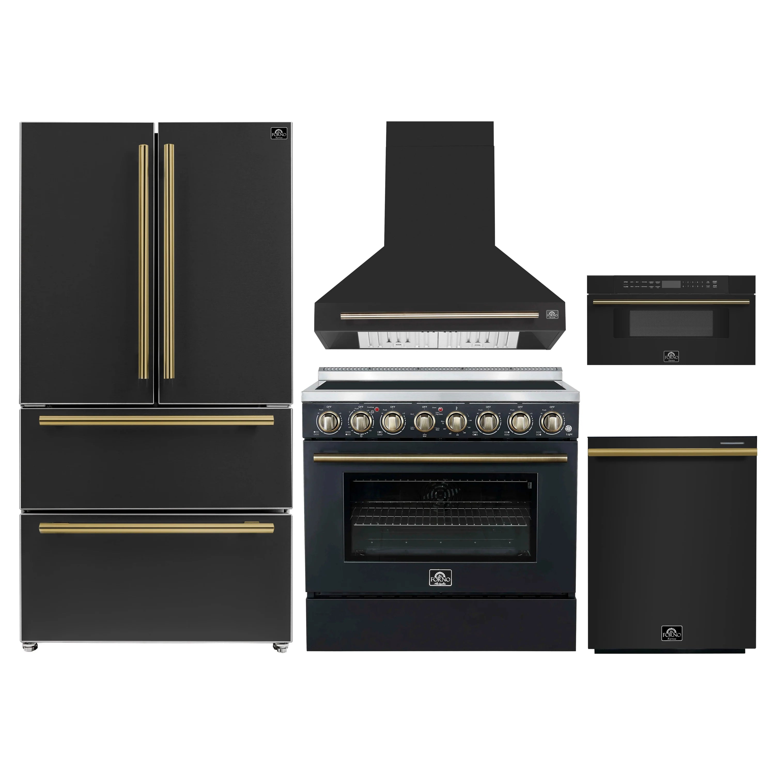 Black kitchen appliance package set with antique brass-trim range hood, oven, microwave, and fridge