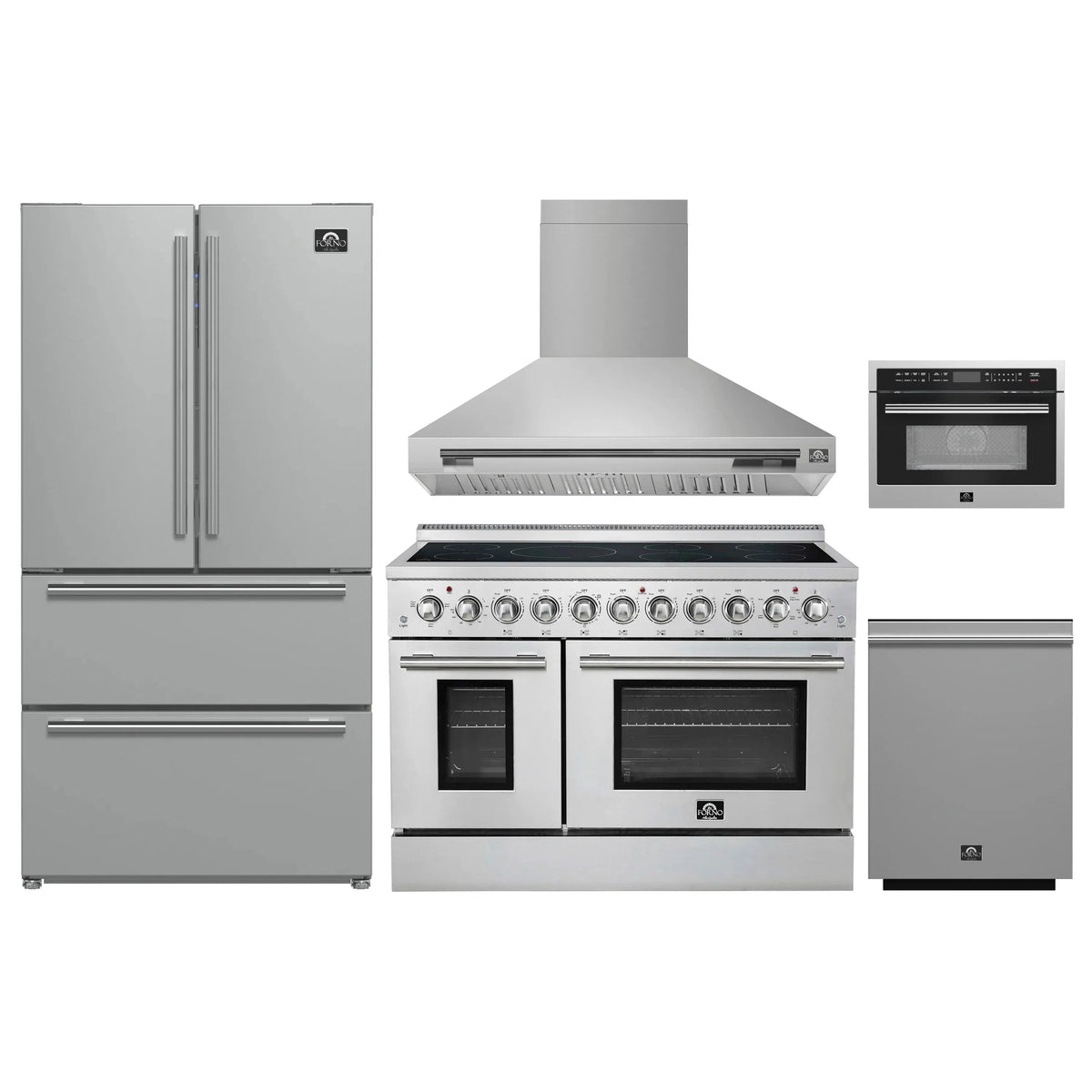 Forno 5-Piece Appliance Package - 48-Inch Electric Range, Wall Mount Range Hood, 36-Inch Refrigerator, Dishwasher, and 24-Inch Microwave Oven in Stainless Steel