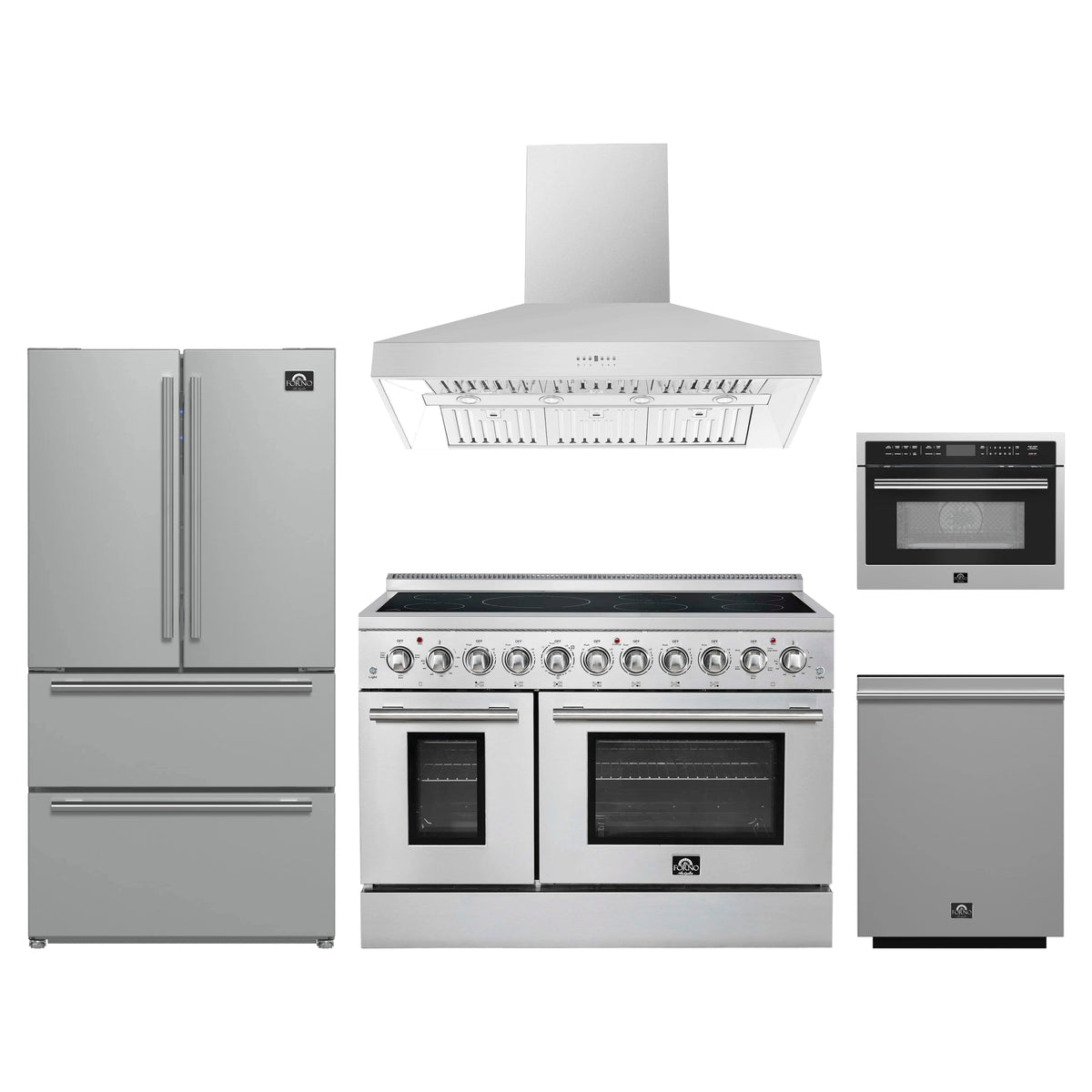 Forno 5-Piece Appliance Package - 48-Inch Electric Range, Wall Mount Range Hood, 36-Inch Refrigerator, Dishwasher, and 24-Inch Microwave Oven in Stainless Steel
