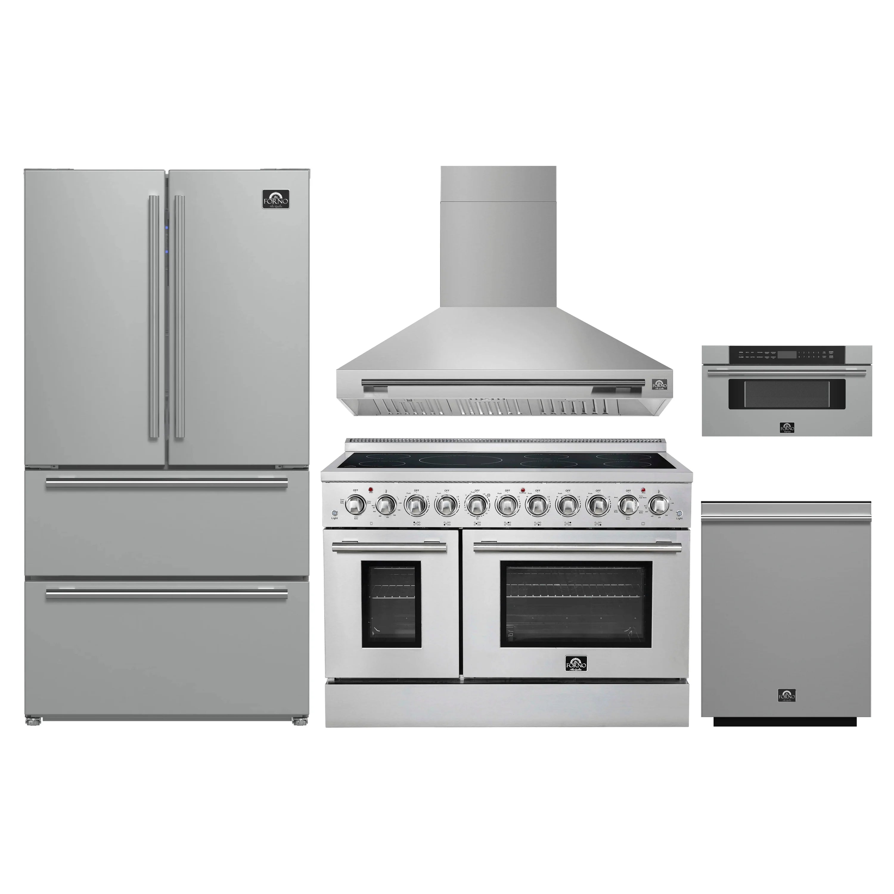 Stainless steel 5-piece kitchen appliance set with refrigerator, range, hood, microwave, dishwasher