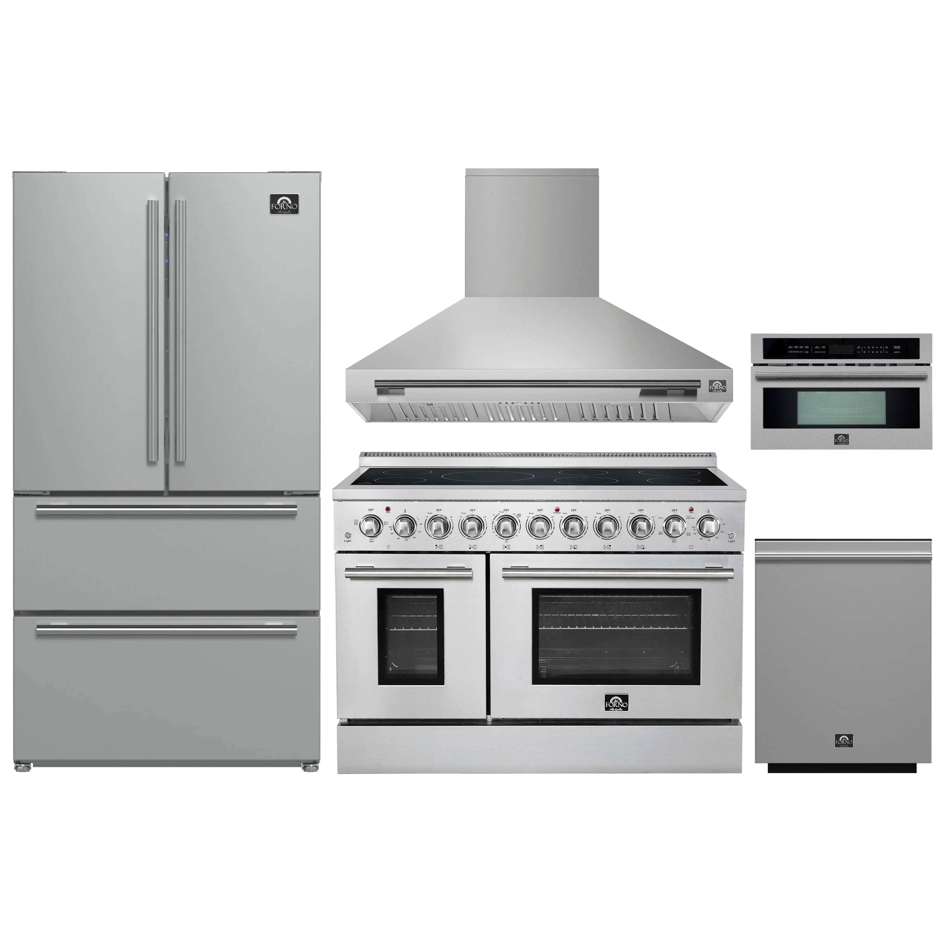 Stainless steel 5-piece appliance package: refrigerator, range hood, range, microwave, dishwasher