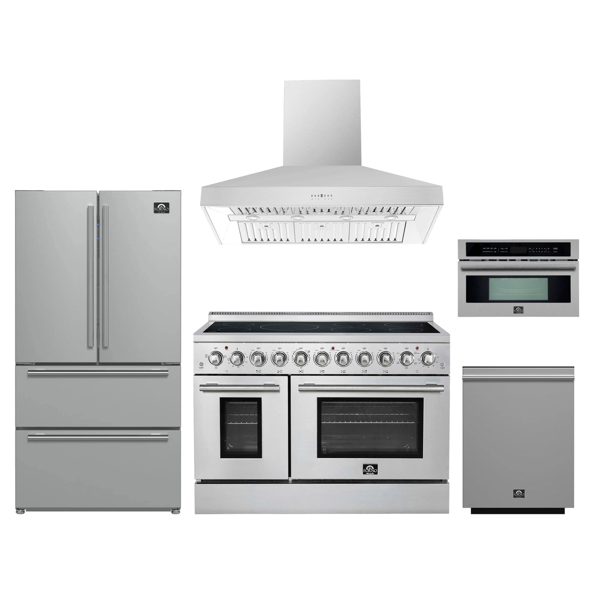 Forno 5-Piece Appliance Package - 48-Inch Electric Range, Wall Mount Range Hood, 36-Inch Refrigerator, Dishwasher, and 30-Inch Microwave Oven in Stainless Steel