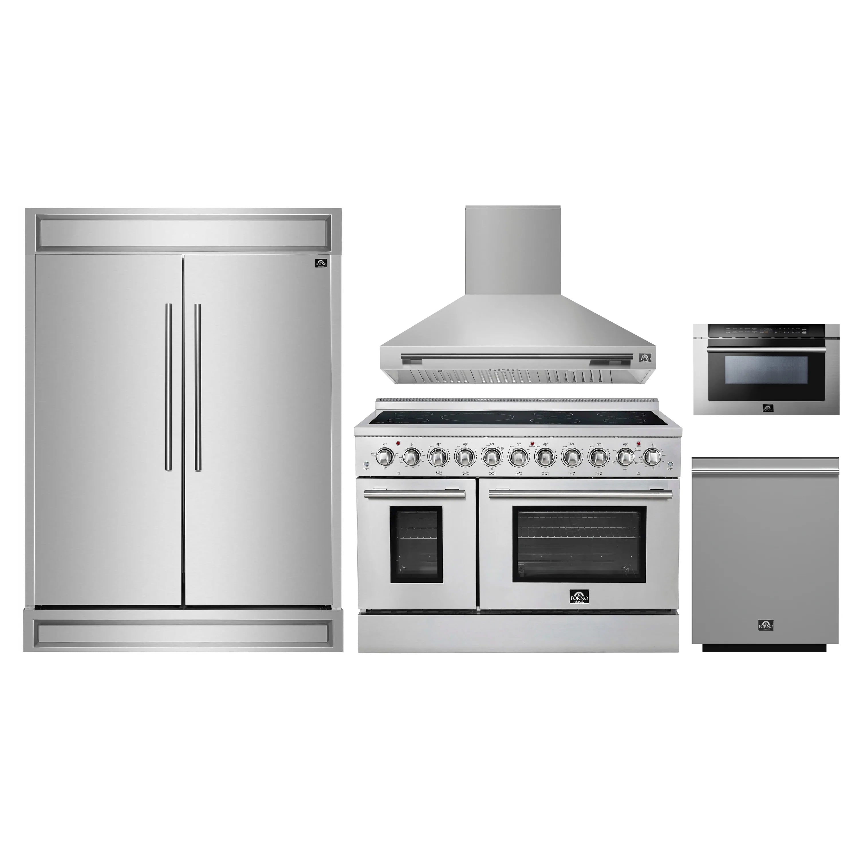 Stainless steel refrigerator, electric range, wall hood, and microwave drawer