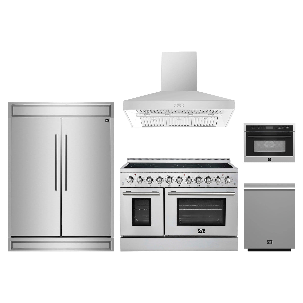 Forno 5-Piece Appliance Package - 48-Inch Electric Range, Wall Mount Range Hood, 60-Inch Refrigerator, Dishwasher, and 24-Inch Microwave Oven in Stainless Steel